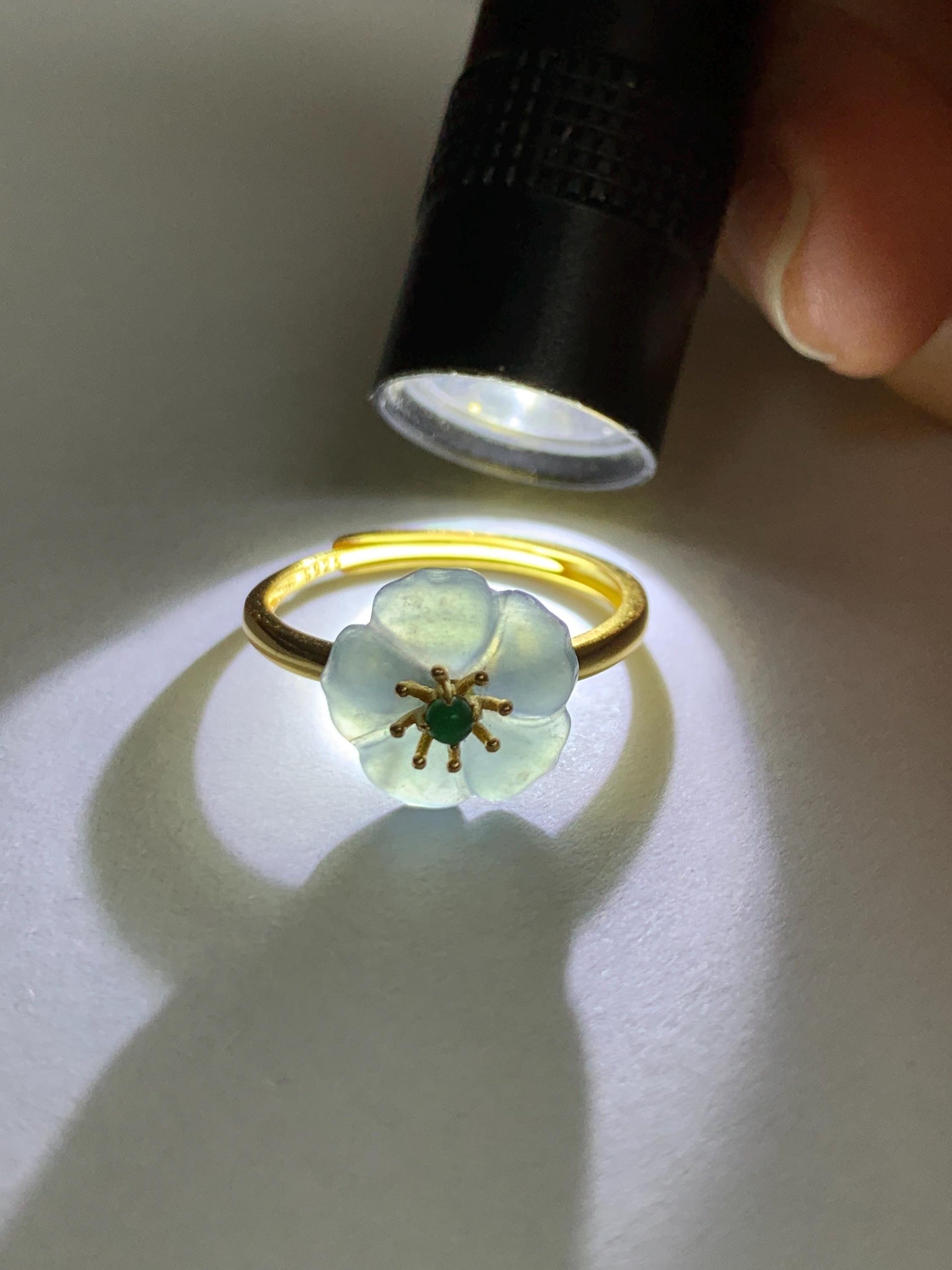 Natural Grade A Guatemalan Icy Translucent Light Blue Jade Jadeite Cherry Blossom Ring Sterling Silver Size Adjustable 天然冰危蓝翡翠梅花戒指 WQM120B