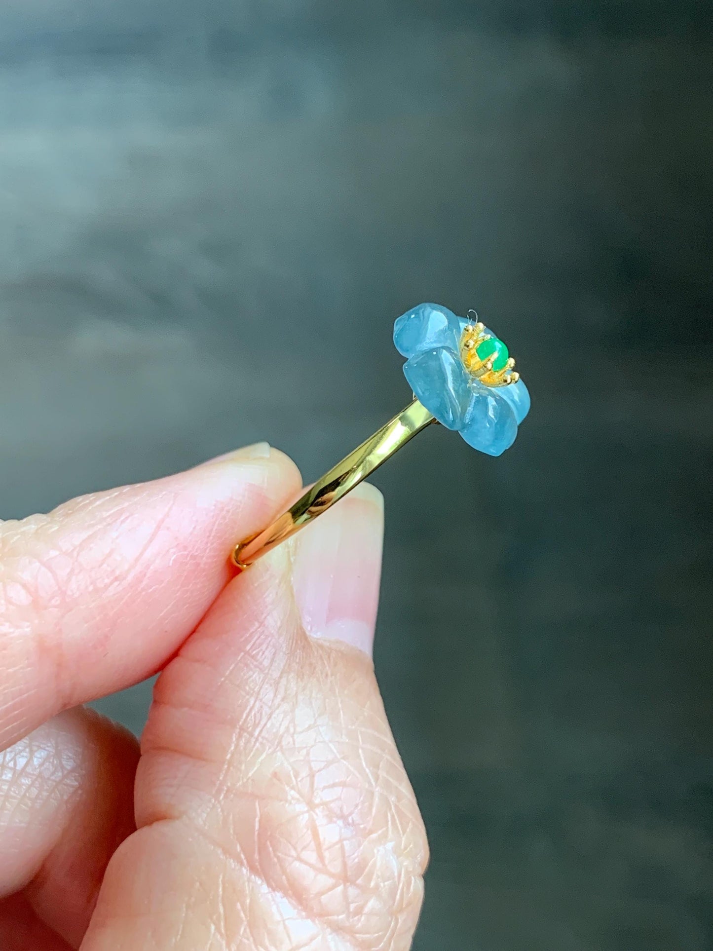 Natural Grade A Guatemalan Icy Translucent Light Blue Jade Jadeite Cherry Blossom Ring Sterling Silver Size Adjustable 天然冰危蓝翡翠梅花戒指 WQM120B