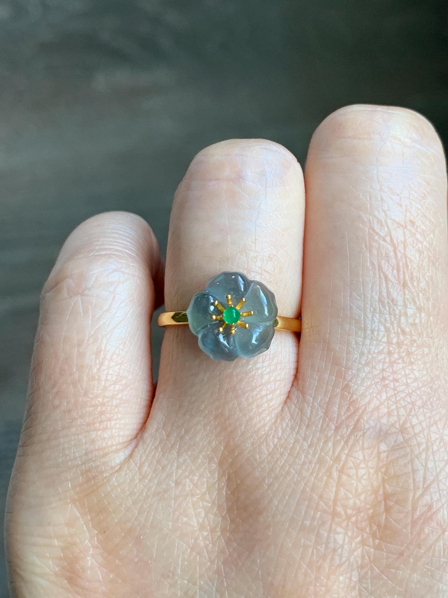 Natural Grade A Guatemalan Icy Translucent Light Blue Jade Jadeite Cherry Blossom Ring Sterling Silver Size Adjustable 天然冰危蓝翡翠梅花戒指 WQM120B