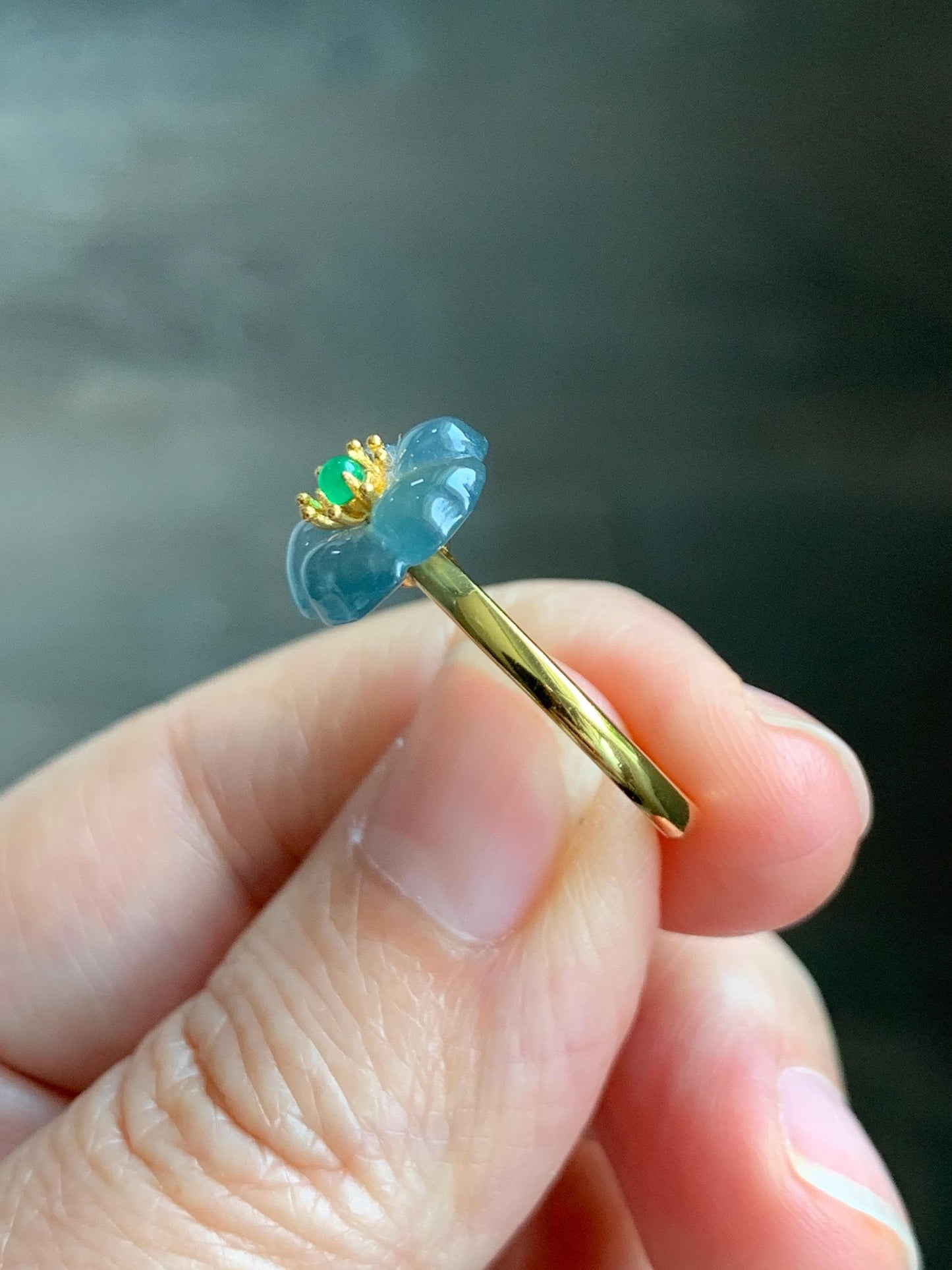 Natural Grade A Guatemalan Icy Translucent Light Blue Jade Jadeite Cherry Blossom Ring Sterling Silver Size Adjustable 天然冰危蓝翡翠梅花戒指 WQM120B