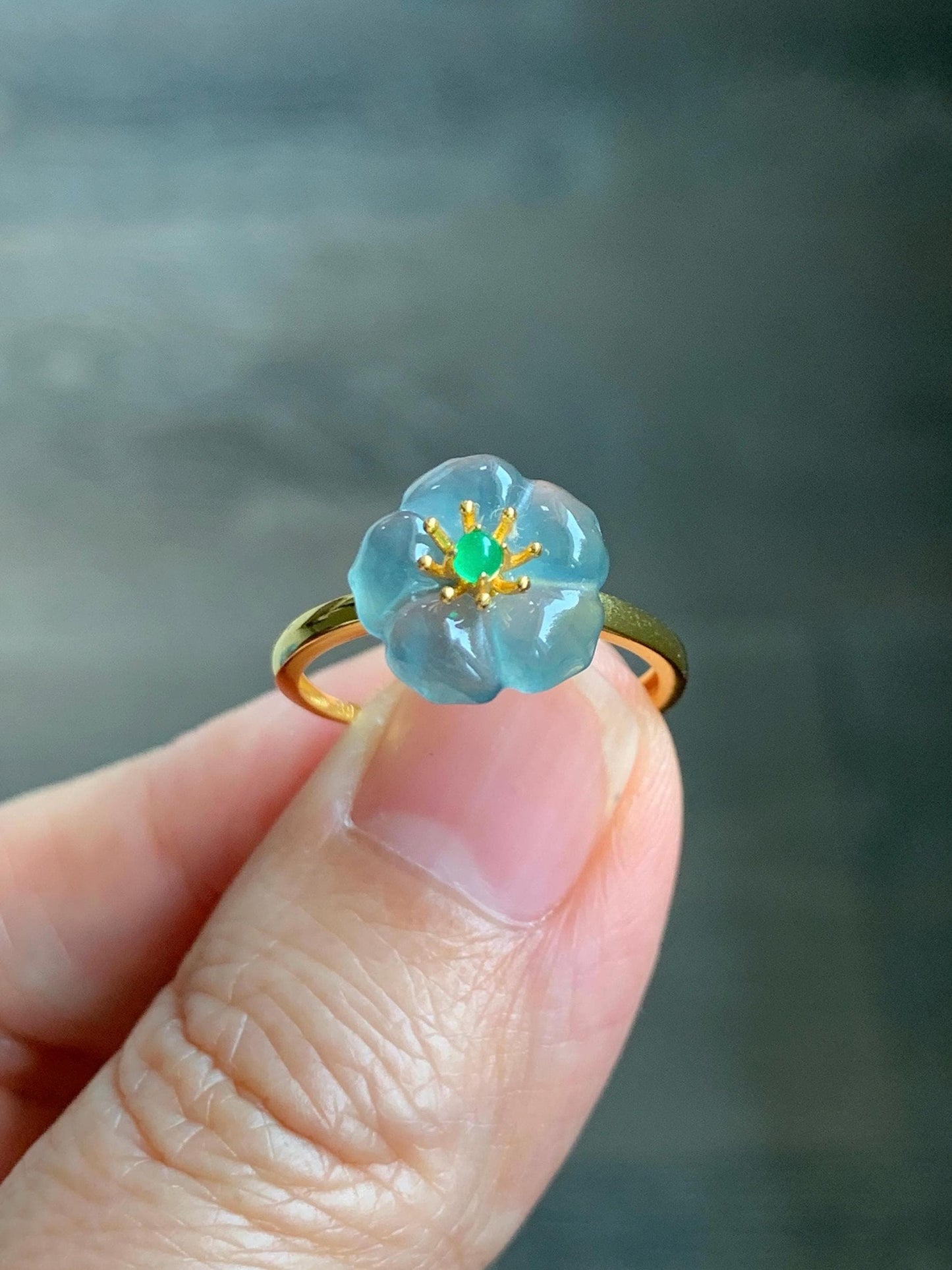 Natural Grade A Guatemalan Icy Translucent Light Blue Jade Jadeite Cherry Blossom Ring Sterling Silver Size Adjustable 天然冰危蓝翡翠梅花戒指 WQM120B