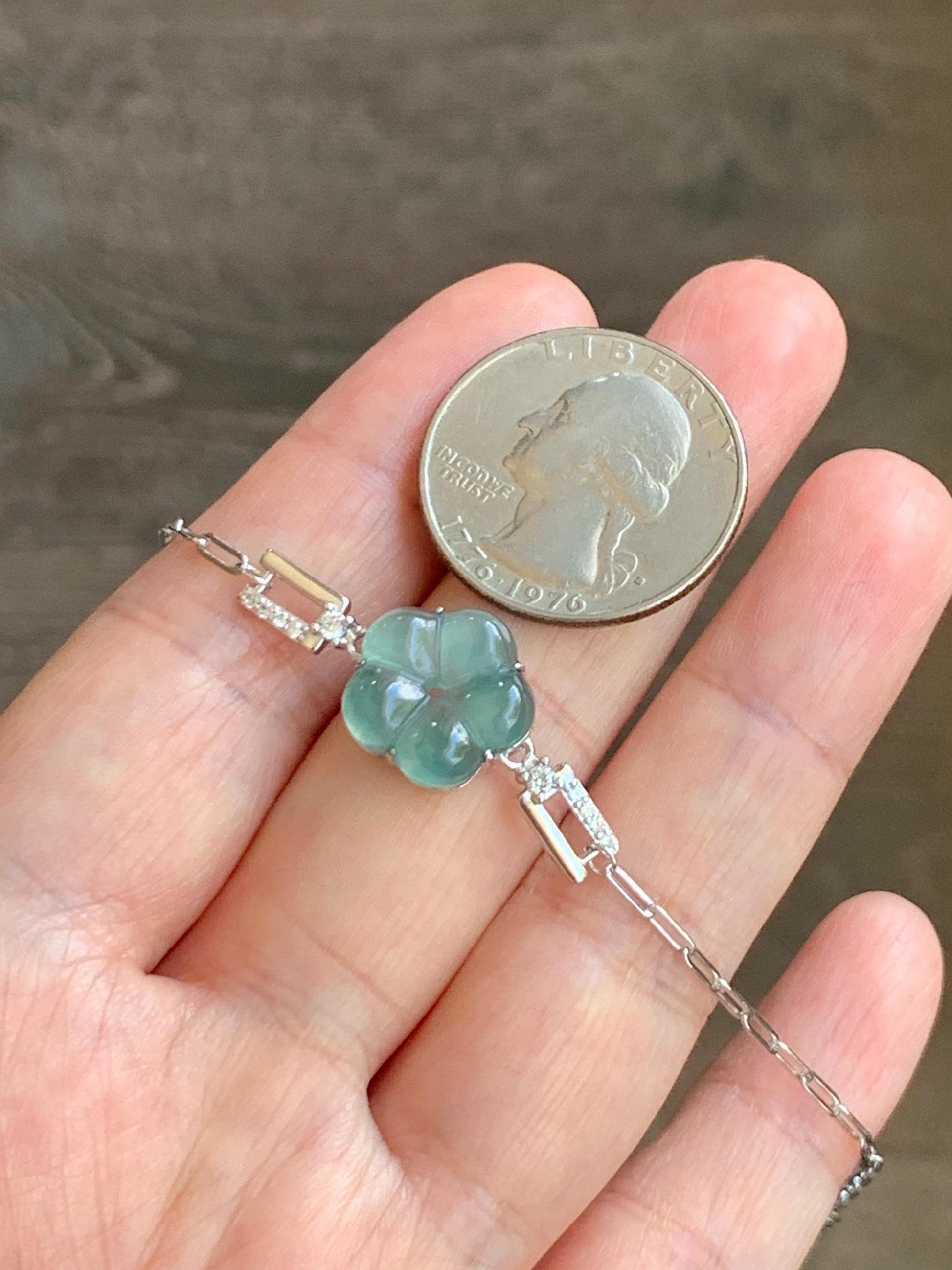 Natural Grade A Guatemalan Icy Translucent Teal Green Jade Jadeite Cherry Blossom Bracelet Sterling Silver 6.25”-7.5” 天然冰危蓝绿翡翠梅花银手链 WMS360C