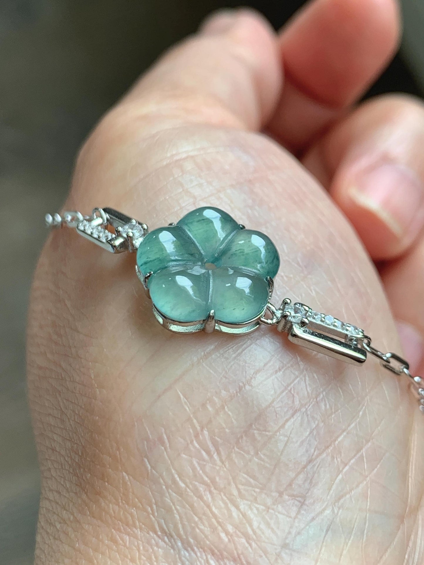 Natural Grade A Guatemalan Icy Translucent Teal Green Jade Jadeite Cherry Blossom Bracelet Sterling Silver 6.25”-7.5” 天然冰危蓝绿翡翠梅花银手链 WMS360C