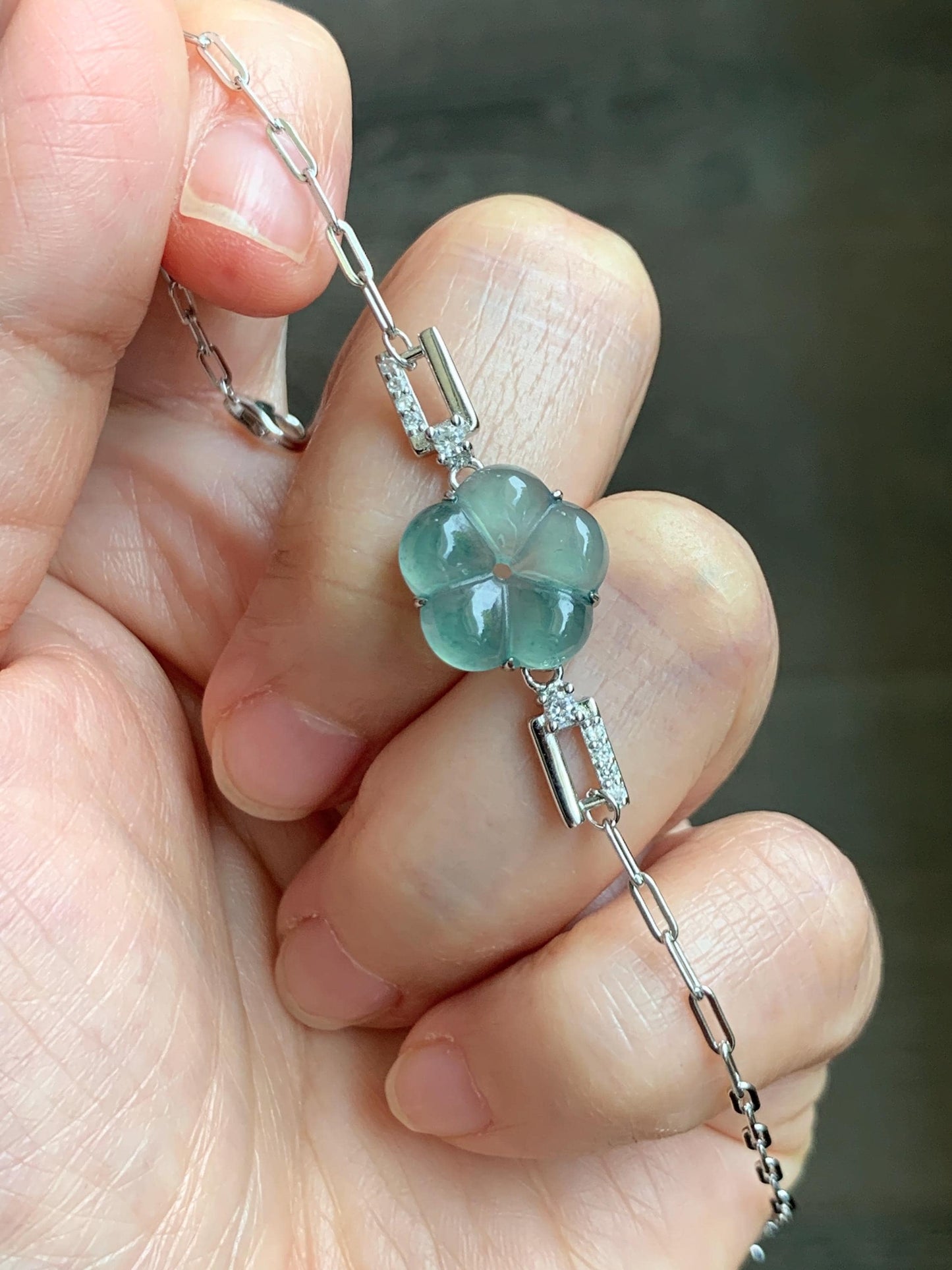 Natural Grade A Guatemalan Icy Translucent Teal Green Jade Jadeite Cherry Blossom Bracelet Sterling Silver 6.25”-7.5” 天然冰危蓝绿翡翠梅花银手链 WMS360C