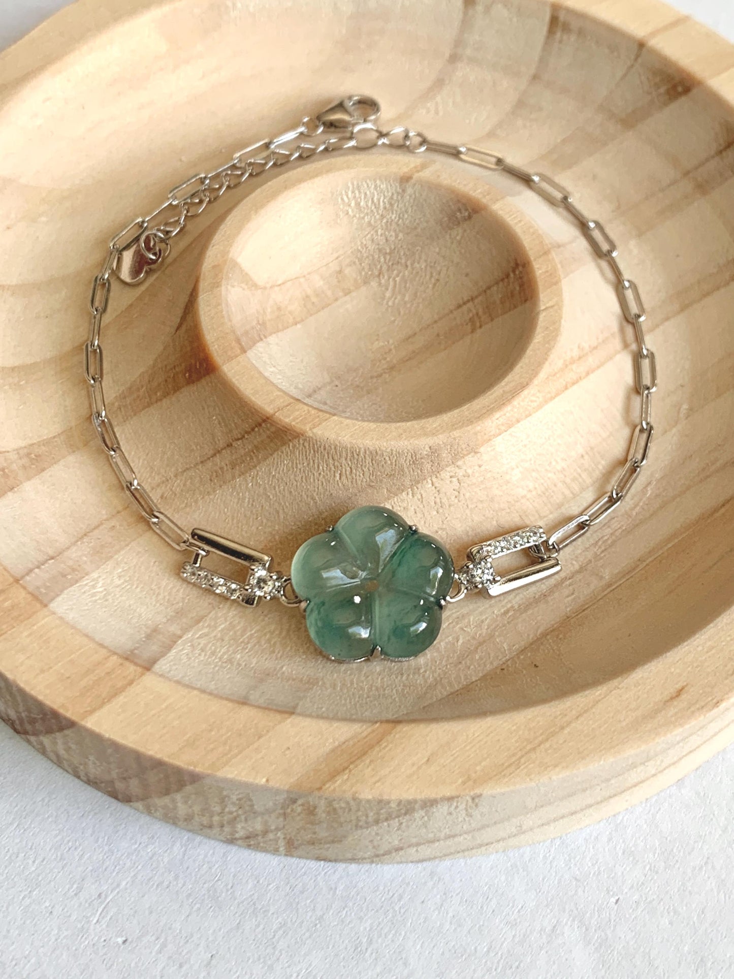 Natural Grade A Guatemalan Icy Translucent Teal Green Jade Jadeite Cherry Blossom Bracelet Sterling Silver 6.25”-7.5” 天然冰危蓝绿翡翠梅花银手链 WMS360C