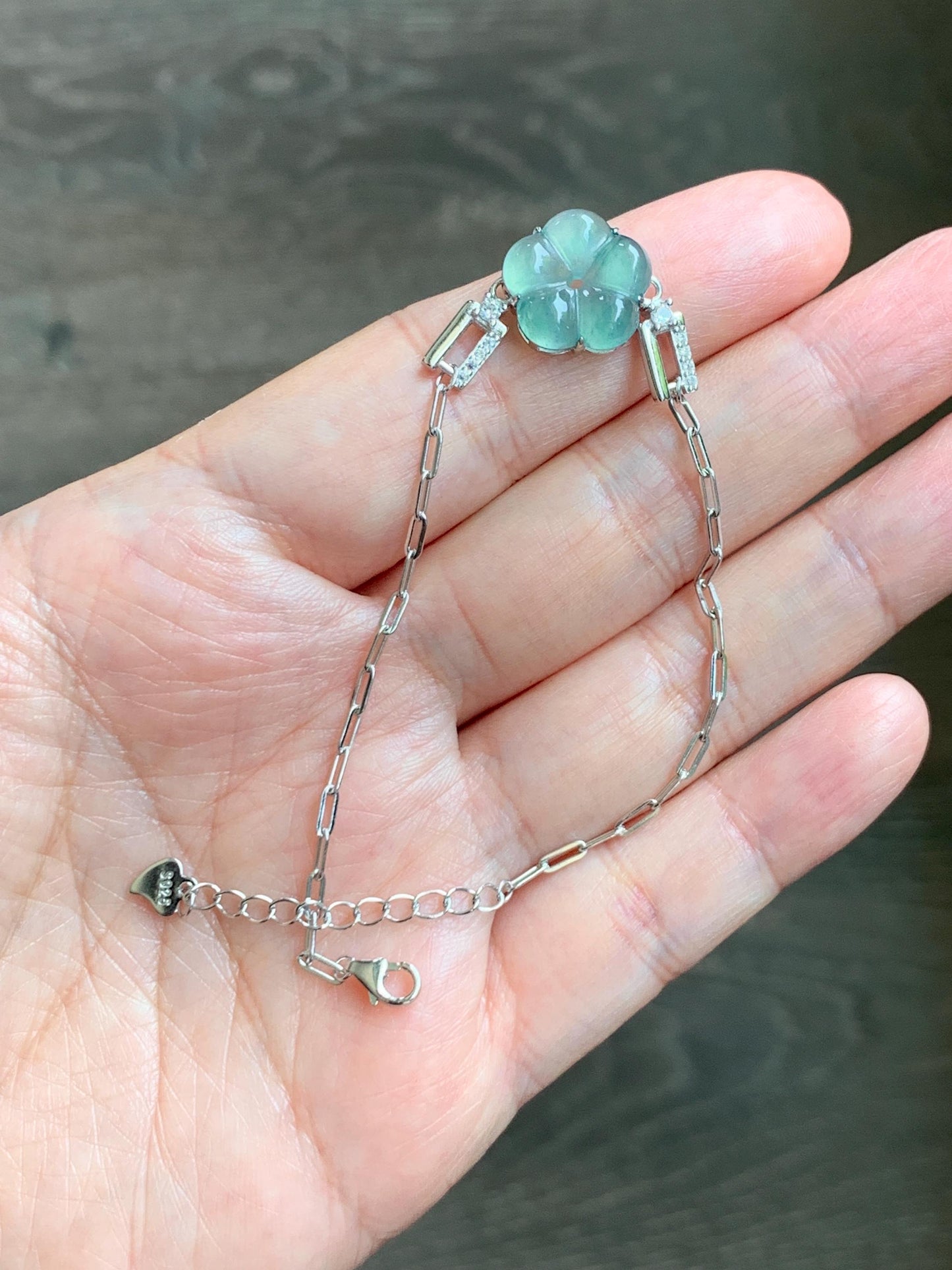 Natural Grade A Guatemalan Icy Translucent Teal Green Jade Jadeite Cherry Blossom Bracelet Sterling Silver 6.25”-7.5” 天然冰危蓝绿翡翠梅花银手链 WMS360C