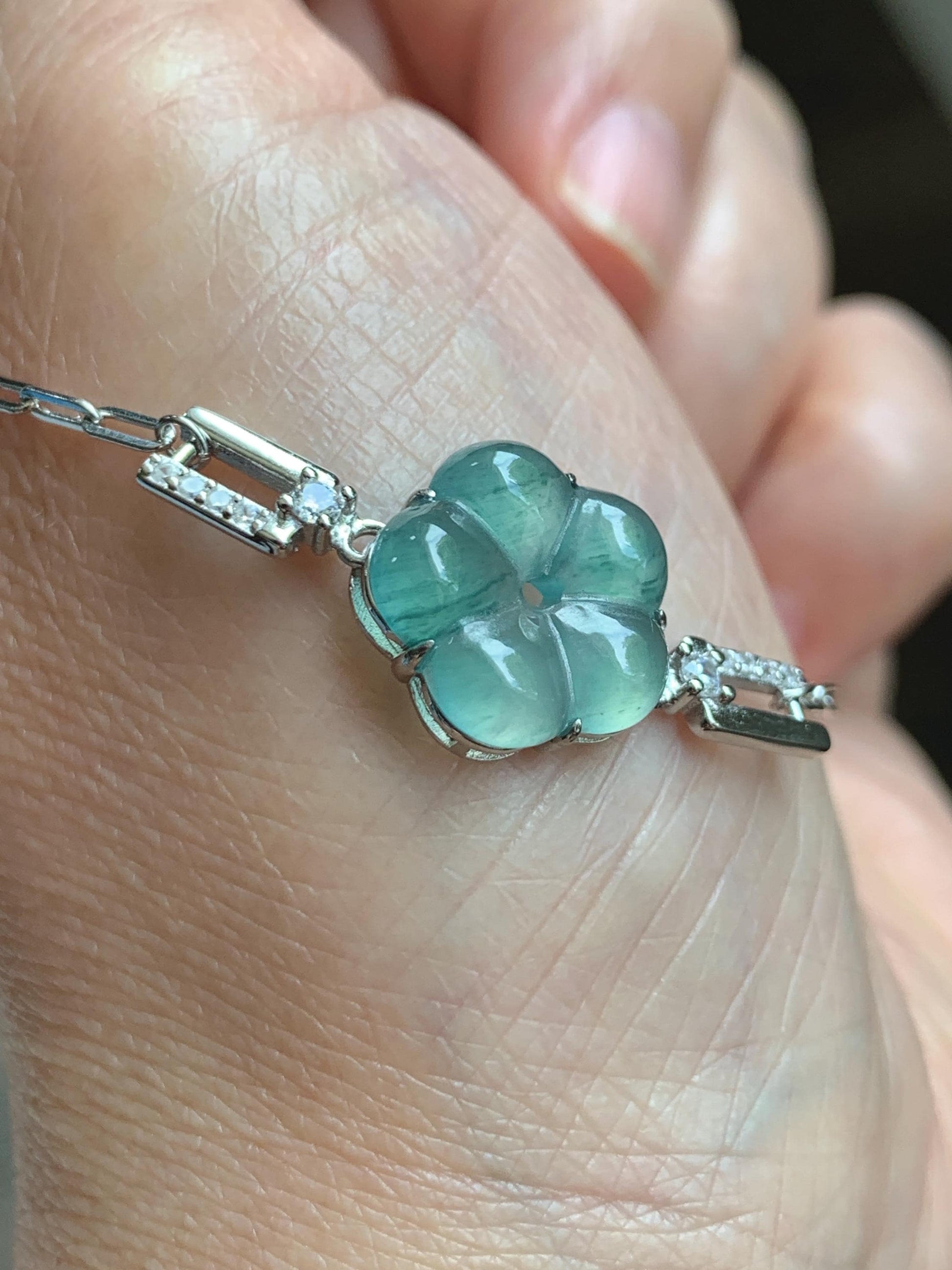 Natural Grade A Guatemalan Icy Translucent Teal Green Jade Jadeite Cherry Blossom Bracelet Sterling Silver 6.25”-7.5” 天然冰危蓝绿翡翠梅花银手链 WMS360C