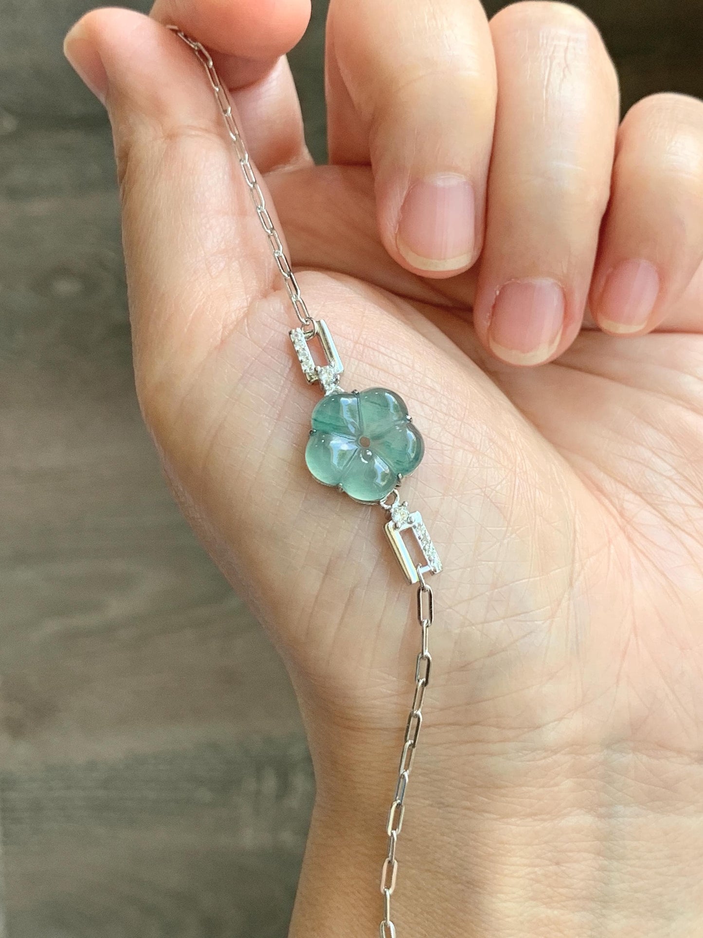 Natural Grade A Guatemalan Icy Translucent Teal Green Jade Jadeite Cherry Blossom Bracelet Sterling Silver 6.25”-7.5” 天然冰危蓝绿翡翠梅花银手链 WMS360C