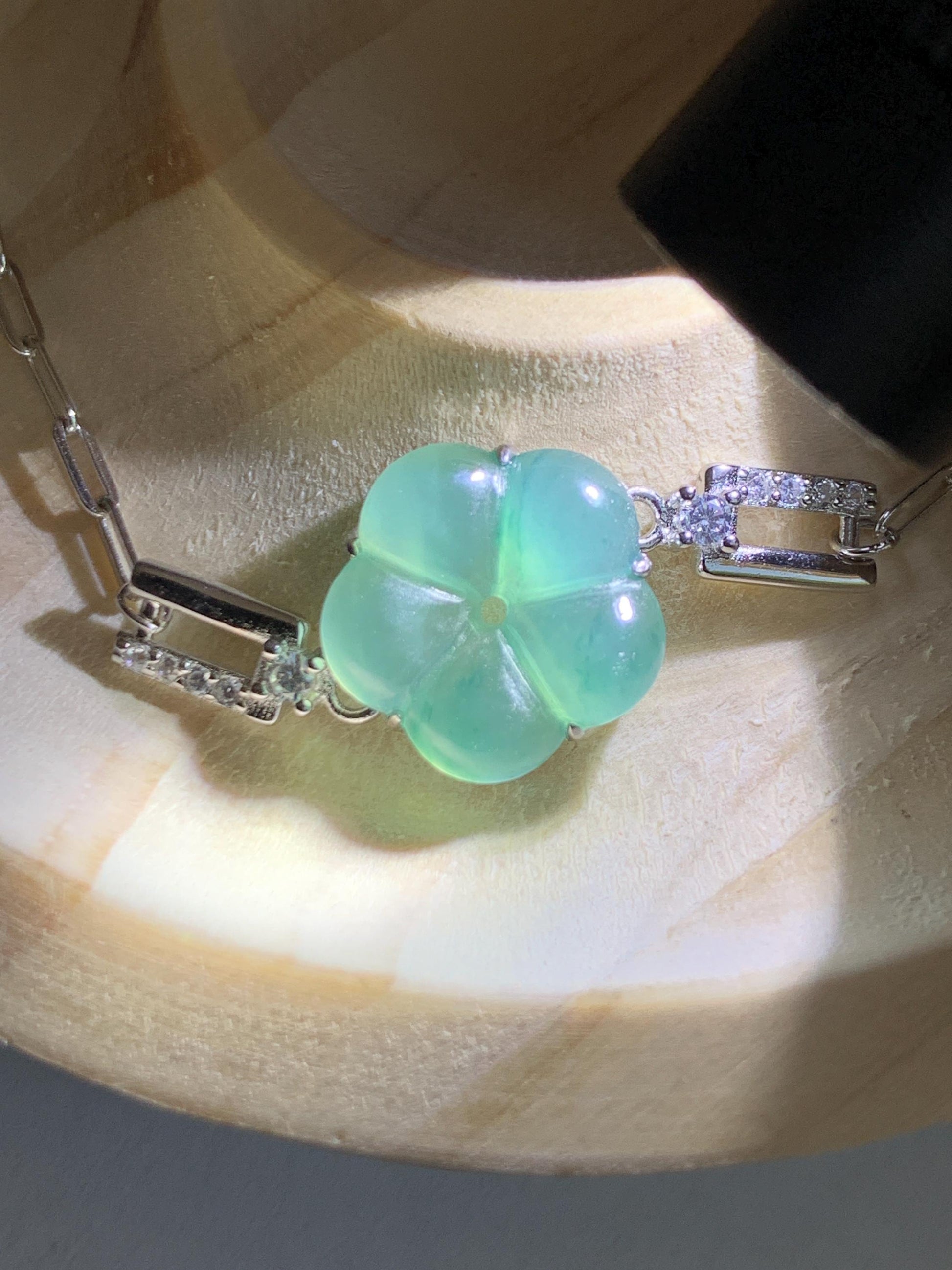 Natural Grade A Guatemalan Icy Translucent Teal Green Jade Jadeite Cherry Blossom Bracelet Sterling Silver 6.25”-7.5” 天然冰危蓝绿翡翠梅花银手链 WMS360C
