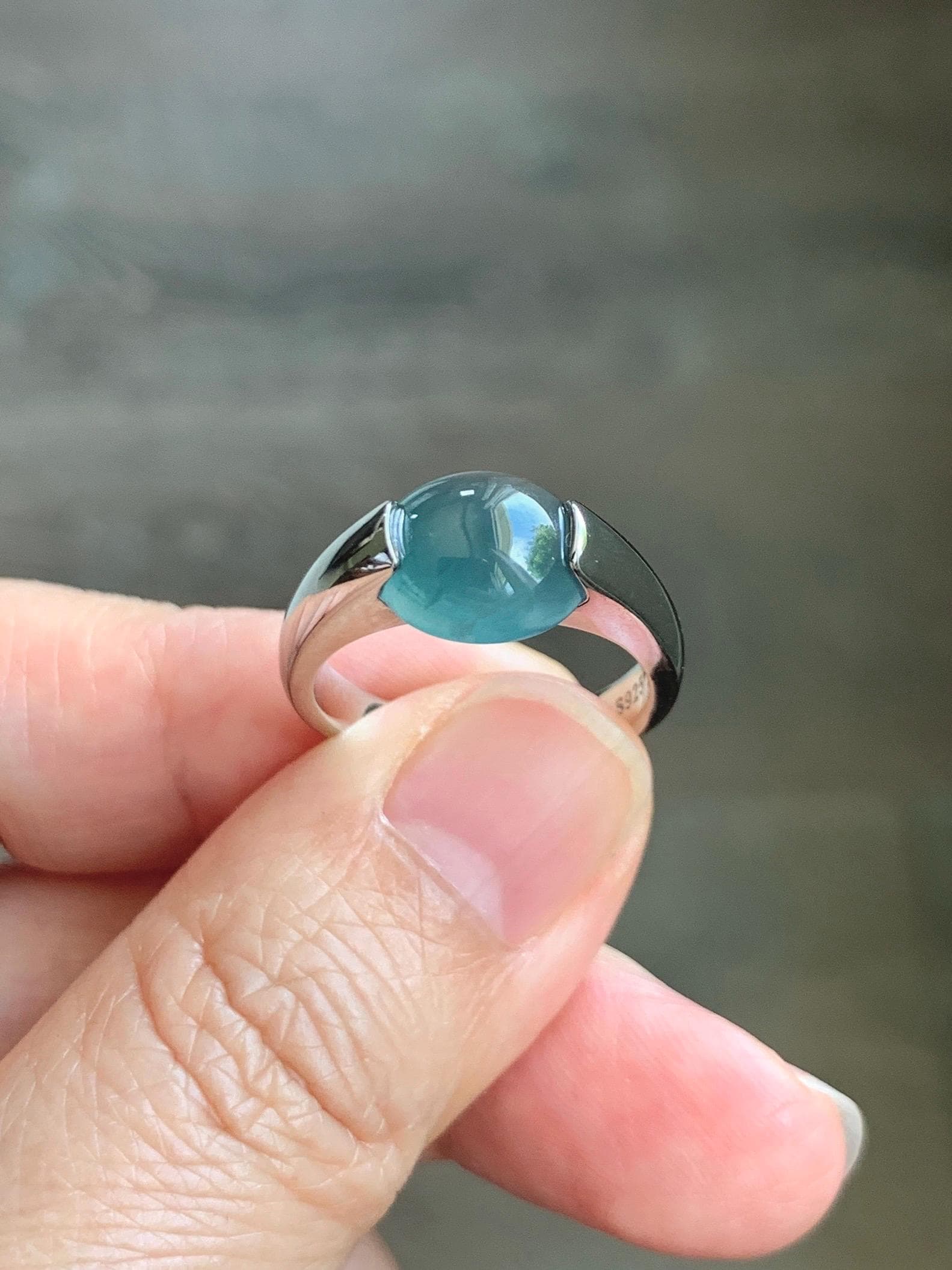 Natural Grade A Guatemalan Icy Translucent Dark Teal Blue Oval Cabochon Jade Jadeite Ring Sterling Silver Size 7.25 US 6g 天然冰危蓝绿翡翠银戒指WHS512D