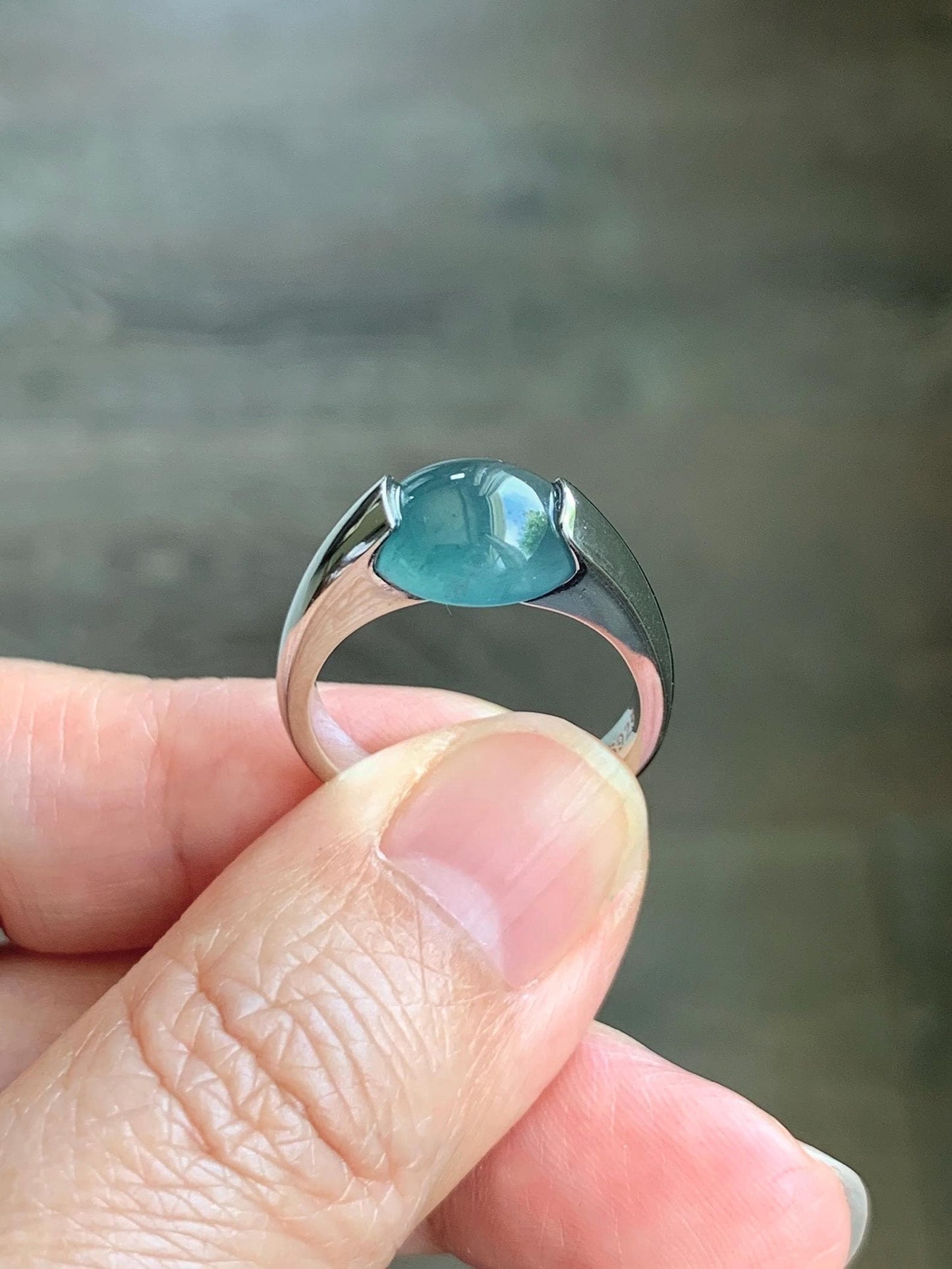 Natural Grade A Guatemalan Icy Translucent Dark Teal Blue Oval Cabochon Jade Jadeite Ring Sterling Silver Size 7.25 US 6g 天然冰危蓝绿翡翠银戒指WHS512D
