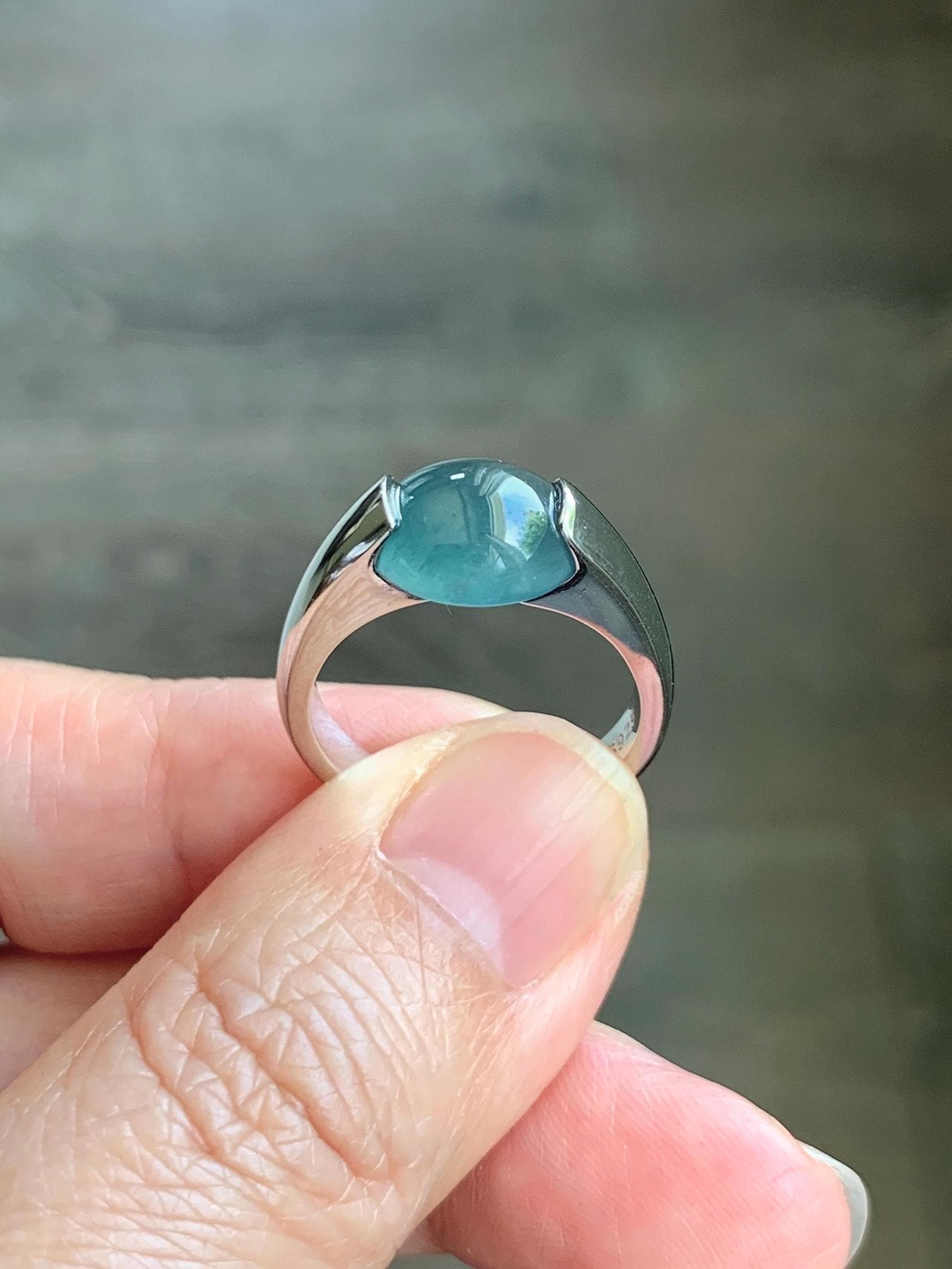 Natural Grade A Guatemalan Icy Translucent Dark Teal Blue Oval Cabochon Jade Jadeite Ring Sterling Silver Size 7.25 US 6g 天然冰危蓝绿翡翠银戒指WHS512D