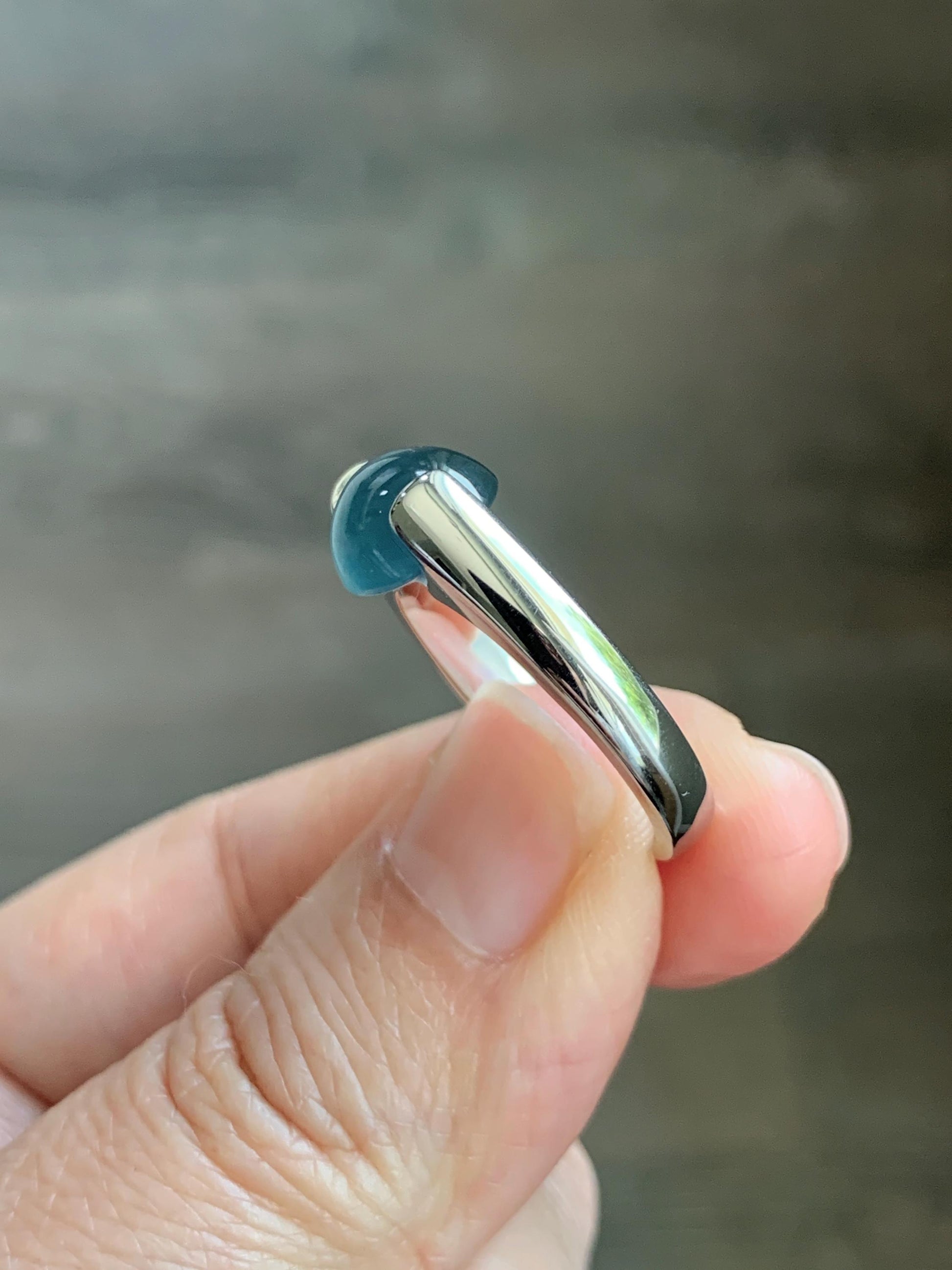 Natural Grade A Guatemalan Icy Translucent Dark Teal Blue Oval Cabochon Jade Jadeite Ring Sterling Silver Size 7.25 US 6g 天然冰危蓝绿翡翠银戒指WHS512D