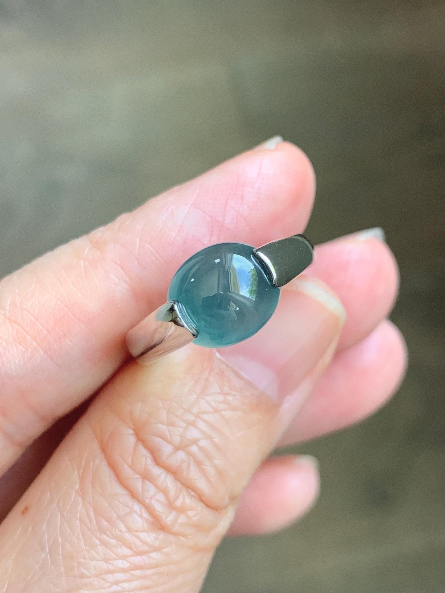 Natural Grade A Guatemalan Icy Translucent Dark Teal Blue Oval Cabochon Jade Jadeite Ring Sterling Silver Size 7.25 US 6g 天然冰危蓝绿翡翠银戒指WHS512D