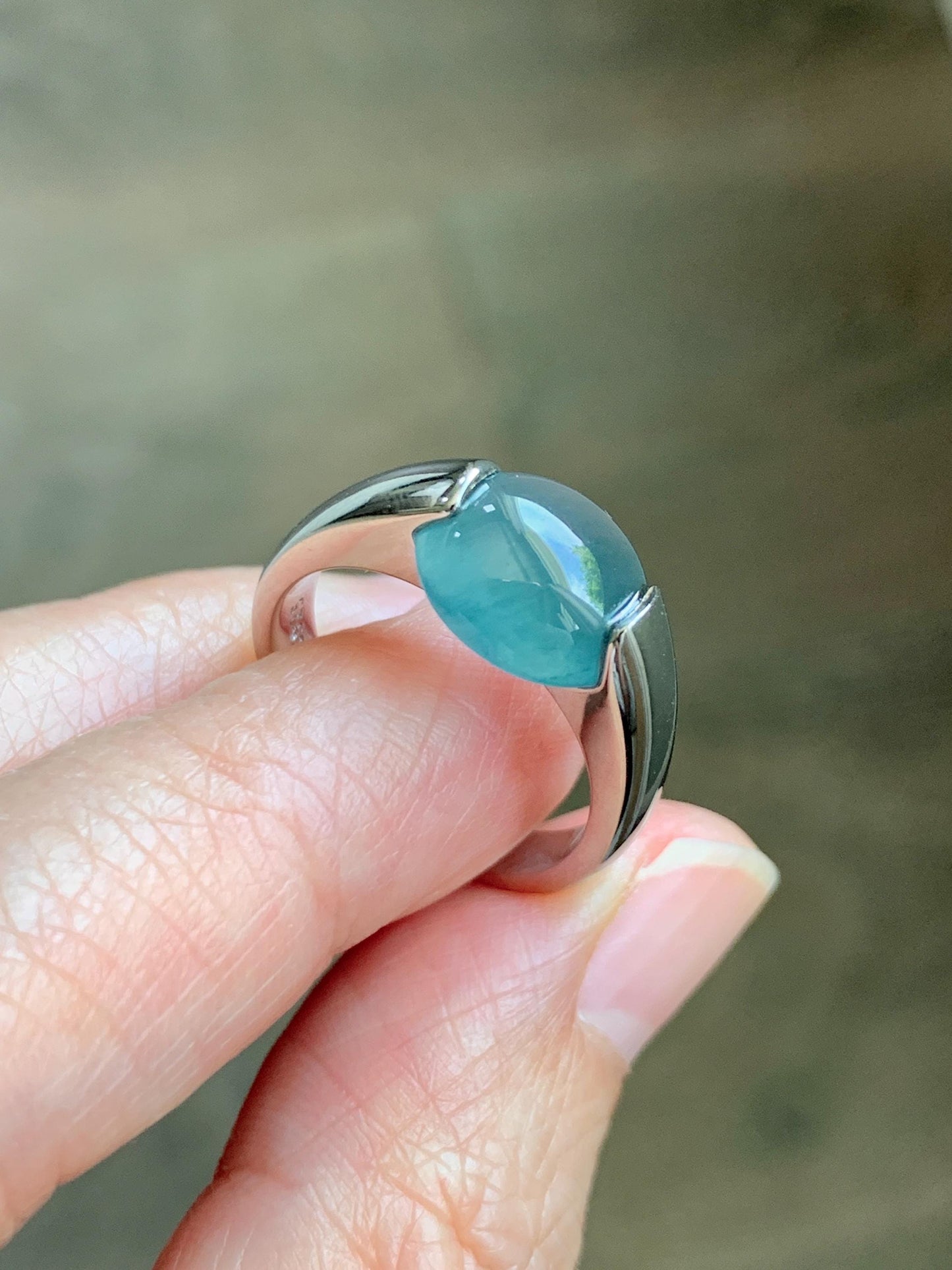 Natural Grade A Guatemalan Icy Translucent Dark Teal Blue Oval Cabochon Jade Jadeite Ring Sterling Silver Size 7.25 US 6g 天然冰危蓝绿翡翠银戒指WHS512D