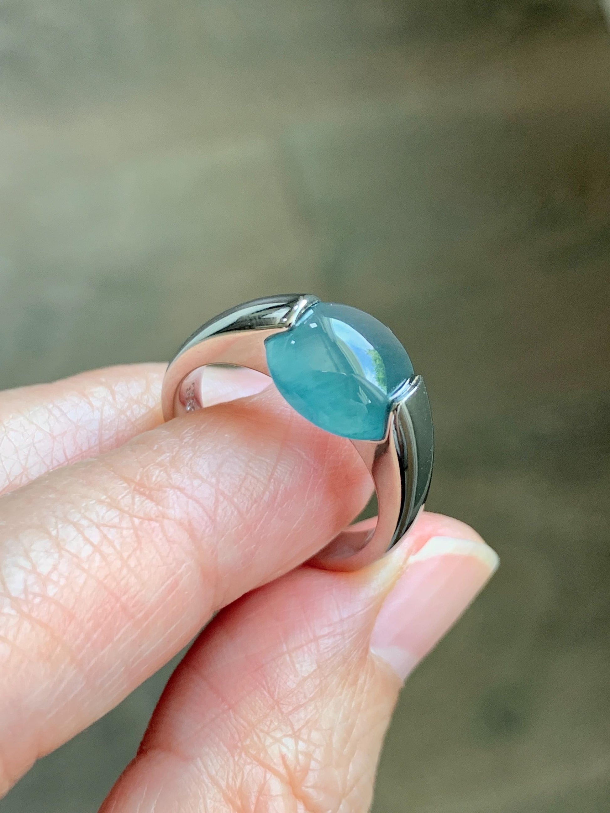 Natural Grade A Guatemalan Icy Translucent Dark Teal Blue Oval Cabochon Jade Jadeite Ring Sterling Silver Size 7.25 US 6g 天然冰危蓝绿翡翠银戒指WHS512D