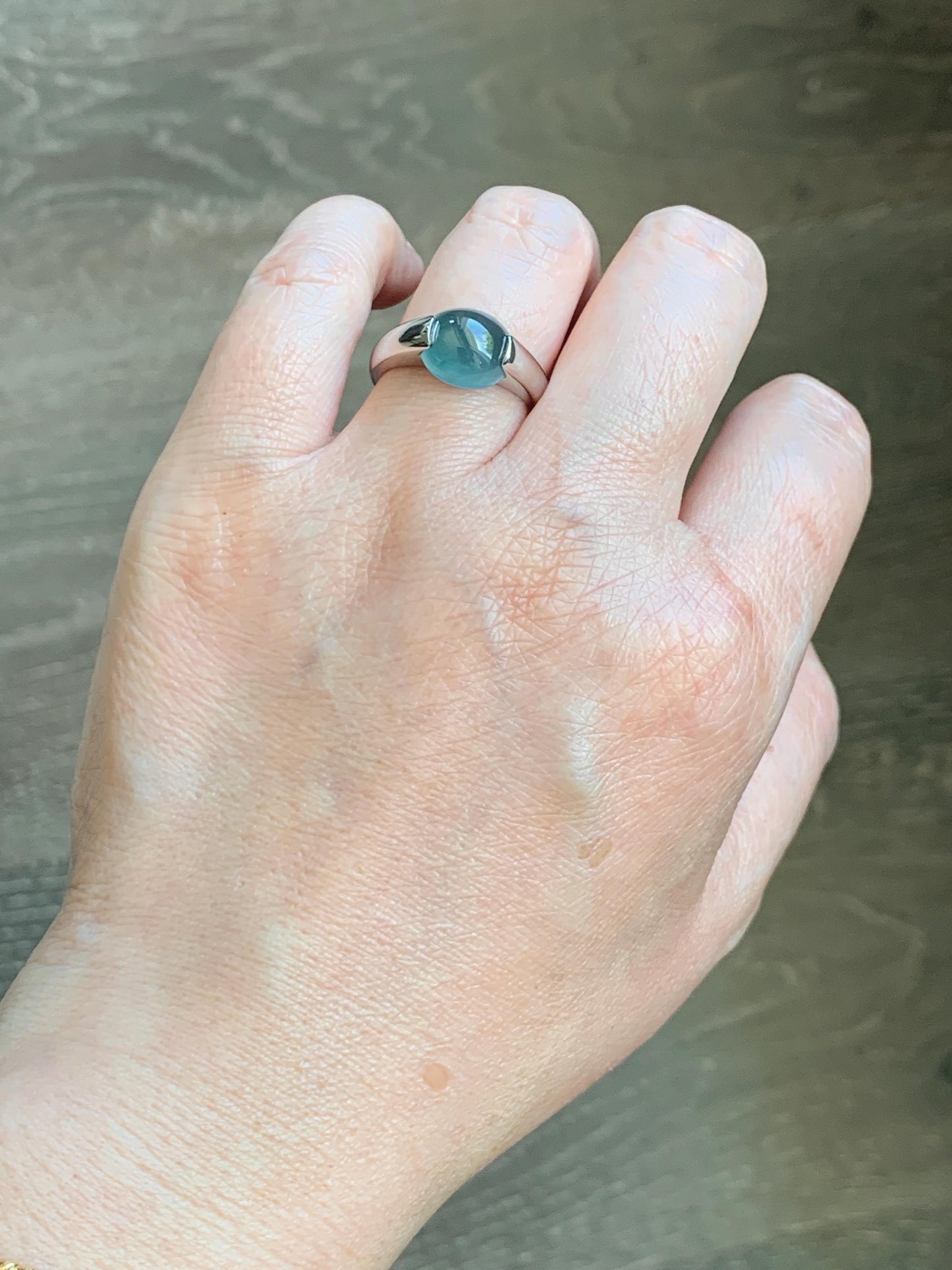 Natural Grade A Guatemalan Icy Translucent Dark Teal Blue Oval Cabochon Jade Jadeite Ring Sterling Silver Size 7.25 US 6g 天然冰危蓝绿翡翠银戒指WHS512D