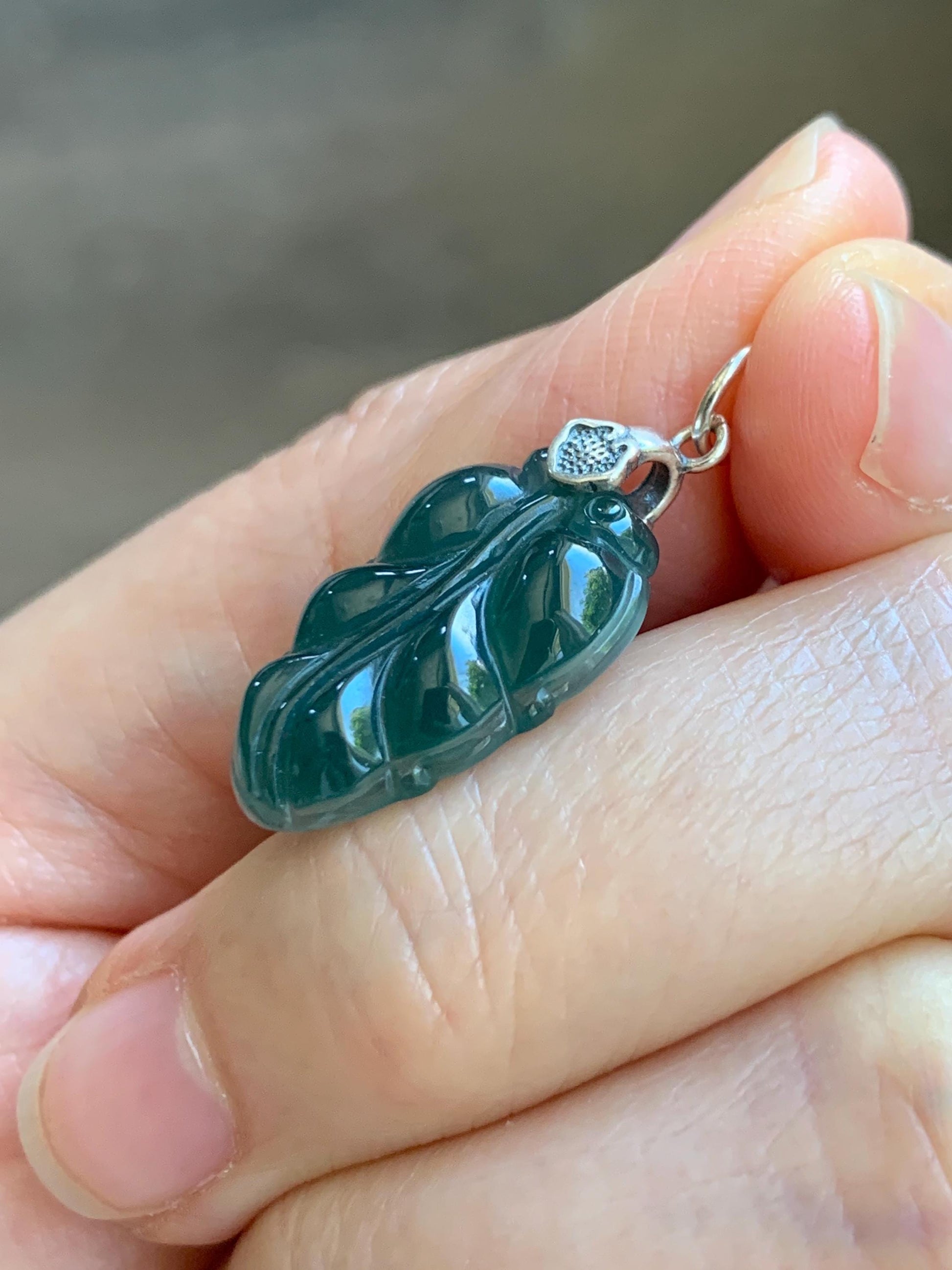 Natural Grade A Guatemalan Icy Translucent Dark Teal Blue Jade Jadeite Carved Leaf Small Pendant Sterling Silver 天然冰胶危深蓝翡翠大叶有成银镶吊坠 WLD55B