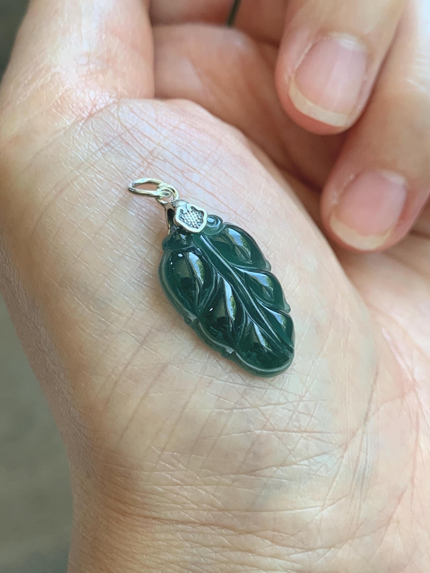 Natural Grade A Guatemalan Icy Translucent Dark Teal Blue Jade Jadeite Carved Leaf Small Pendant Sterling Silver 天然冰胶危深蓝翡翠大叶有成银镶吊坠 WLD55B