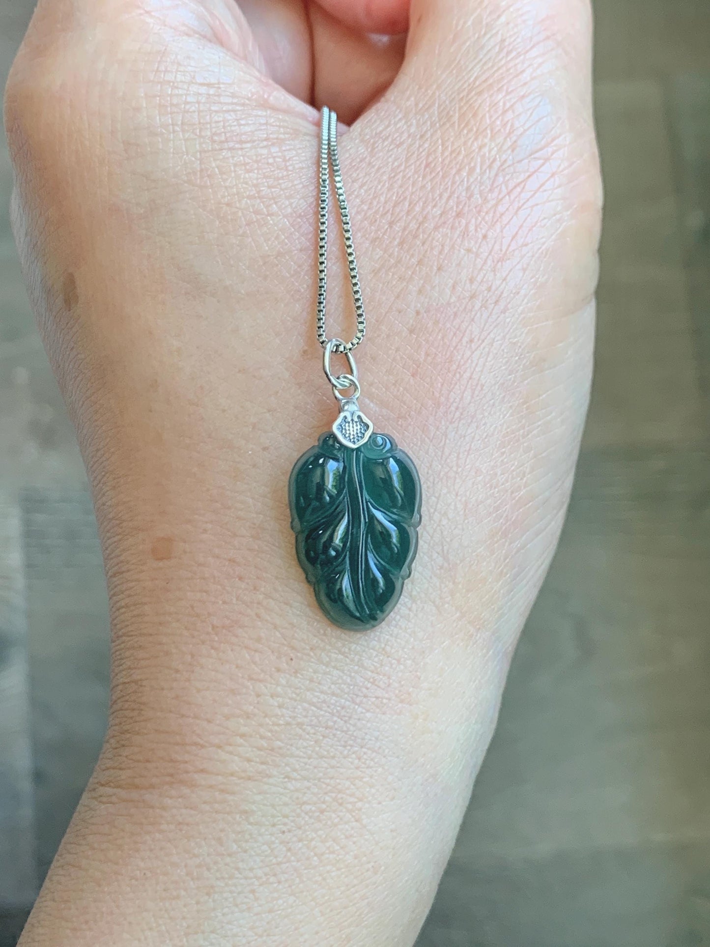 Natural Grade A Guatemalan Icy Translucent Dark Teal Blue Jade Jadeite Carved Leaf Small Pendant Sterling Silver 天然冰胶危深蓝翡翠大叶有成银镶吊坠 WLD55B