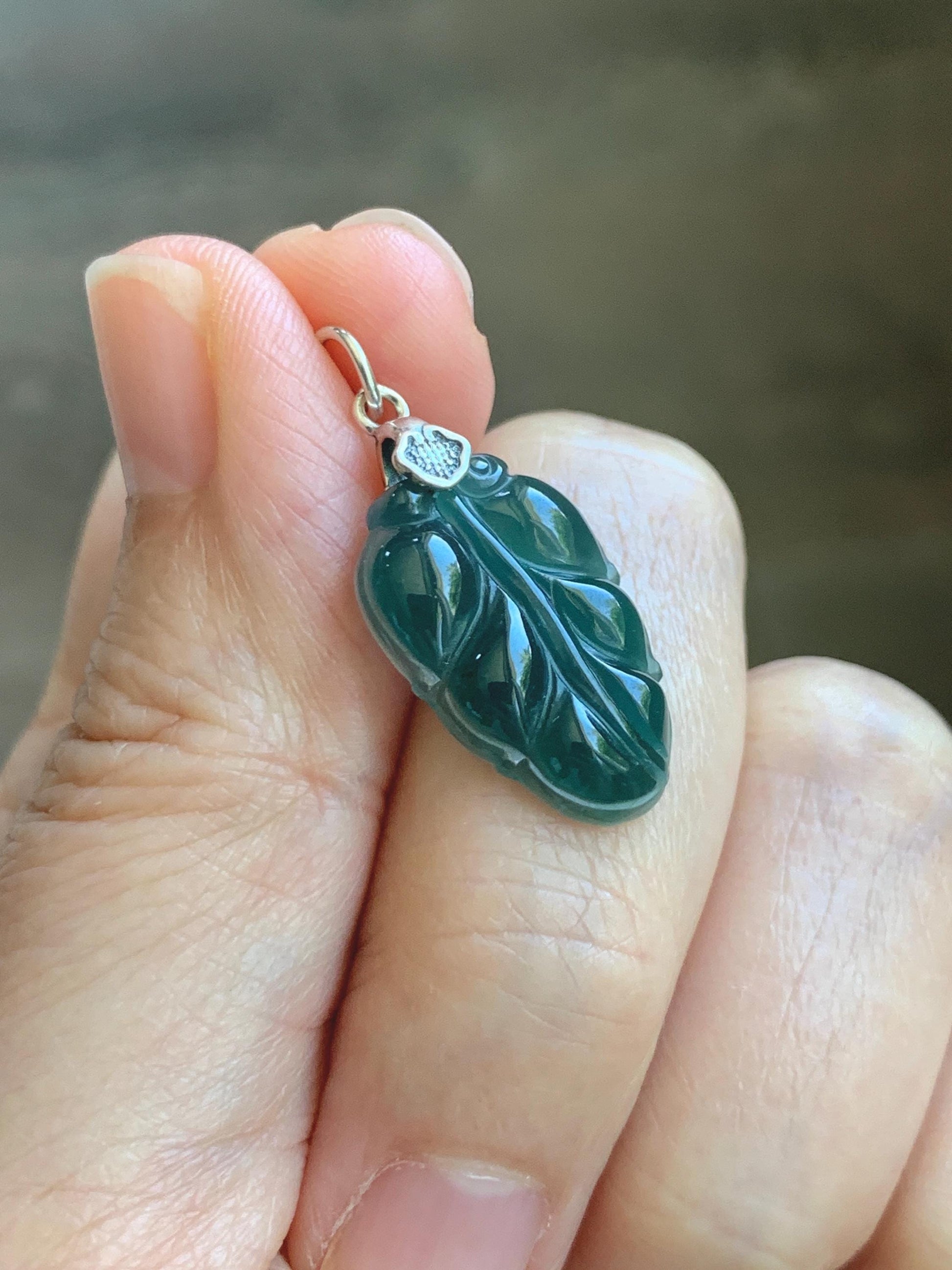 Natural Grade A Guatemalan Icy Translucent Dark Teal Blue Jade Jadeite Carved Leaf Small Pendant Sterling Silver 天然冰胶危深蓝翡翠大叶有成银镶吊坠 WLD55B