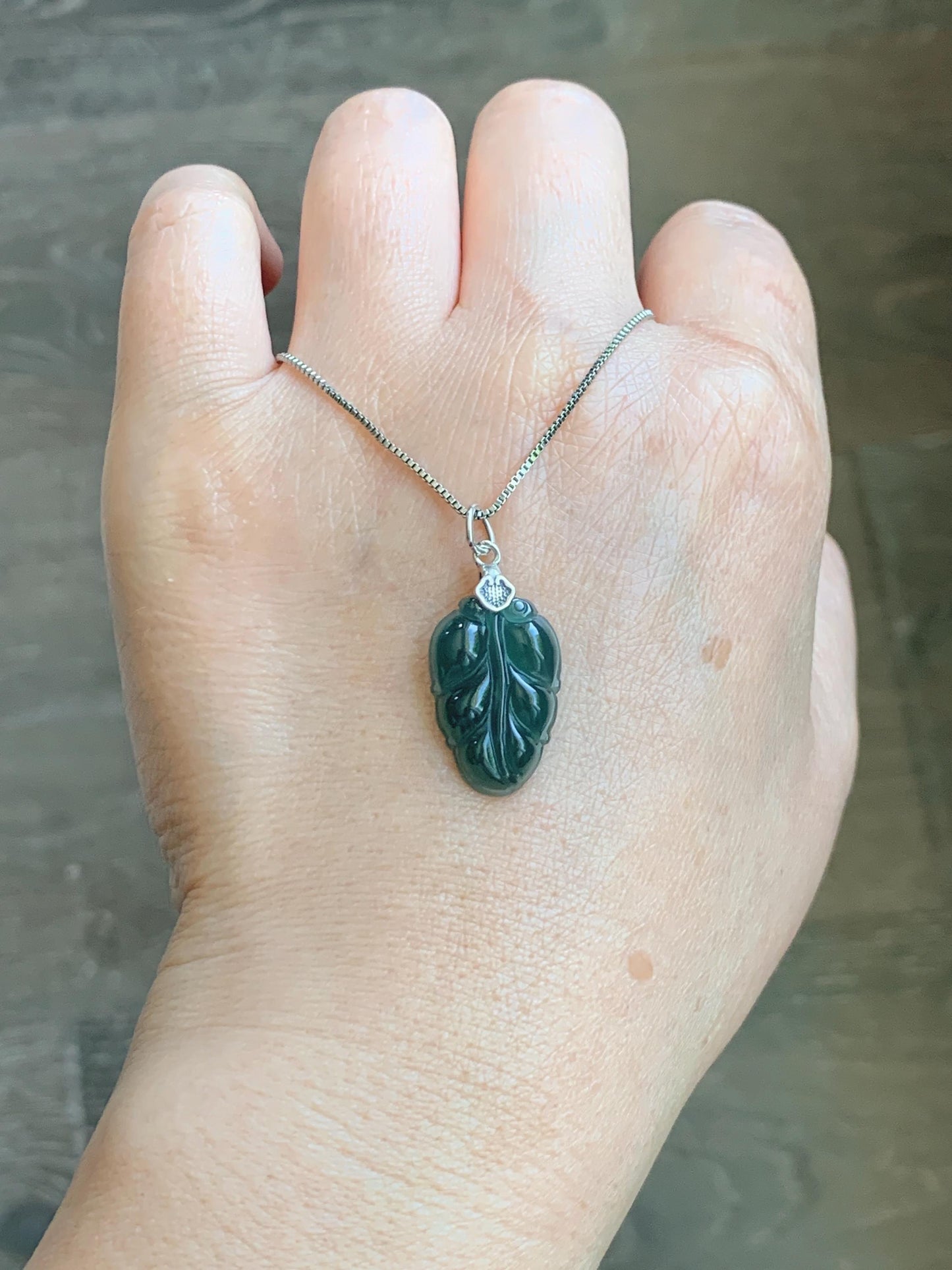 Natural Grade A Guatemalan Icy Translucent Dark Teal Blue Jade Jadeite Carved Leaf Small Pendant Sterling Silver 天然冰胶危深蓝翡翠大叶有成银镶吊坠 WLD55B