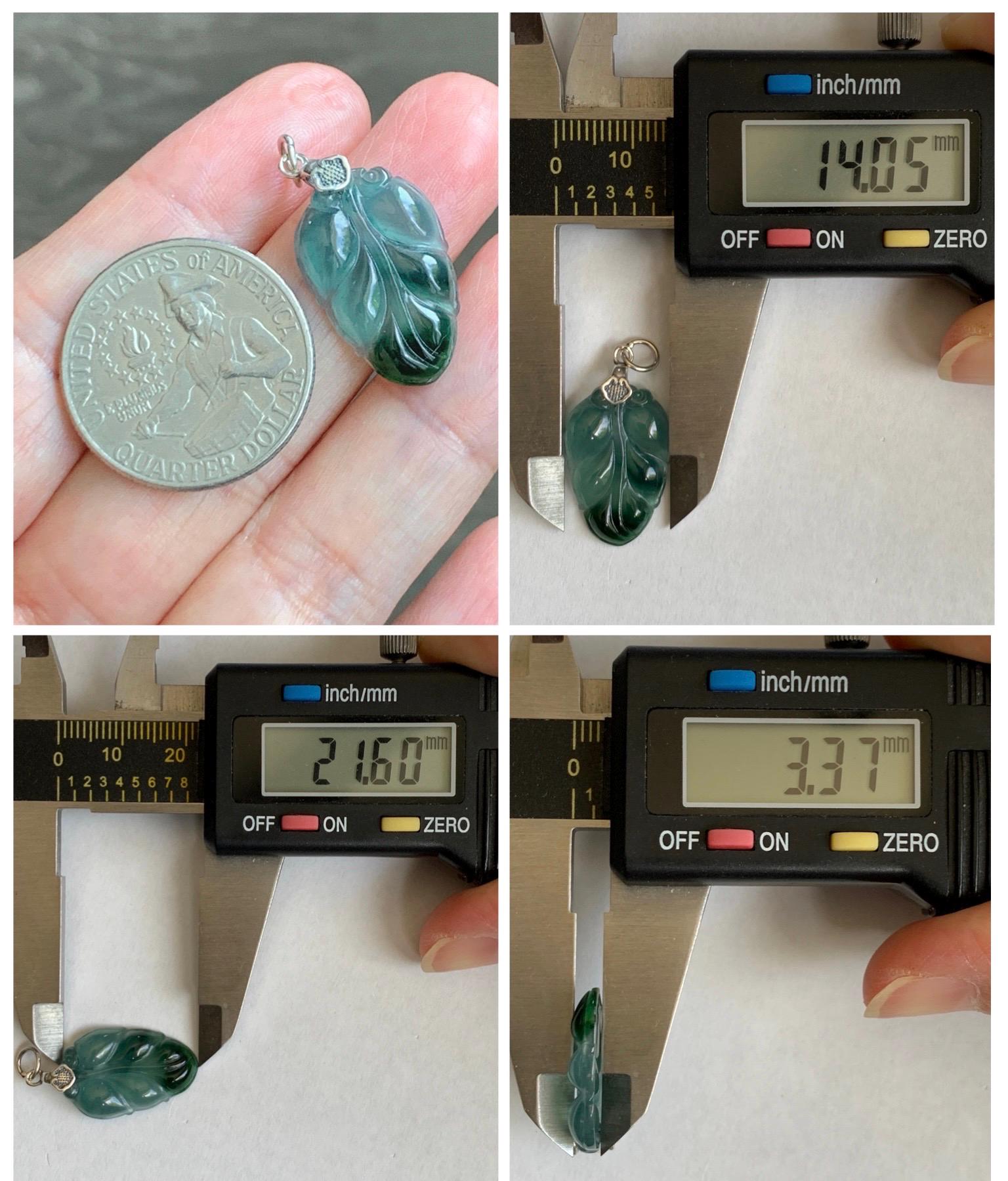 Natural Grade A Guatemalan Icy Translucent Teal Dark Green Marbled Jade Jadeite Carved Leaf Pendant Sterling Silver 天然冰胶危深蓝翡翠大叶有成银镶吊坠 WLD55C