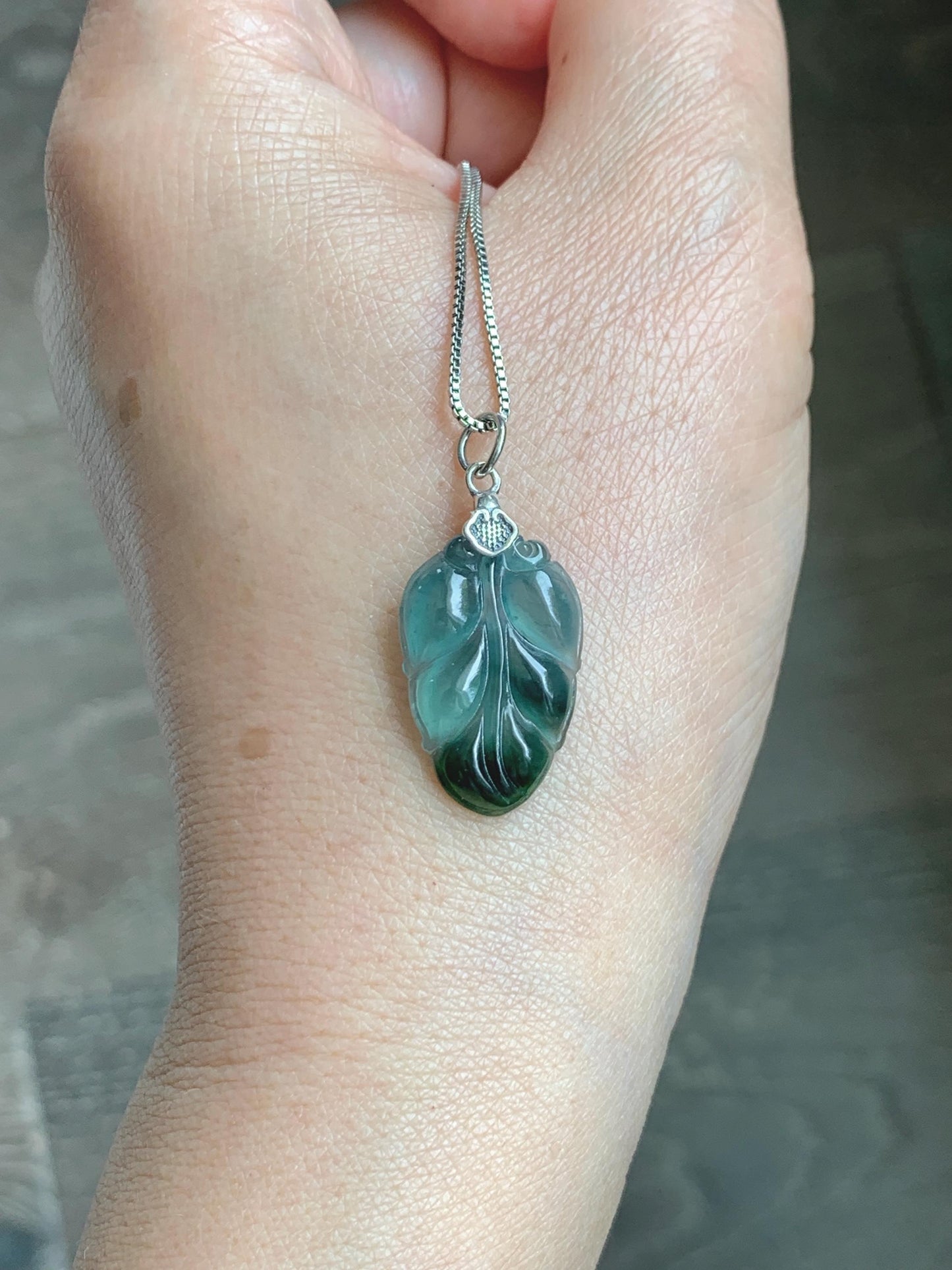 Natural Grade A Guatemalan Icy Translucent Teal Dark Green Marbled Jade Jadeite Carved Leaf Pendant Sterling Silver 天然冰胶危深蓝翡翠大叶有成银镶吊坠 WLD55C