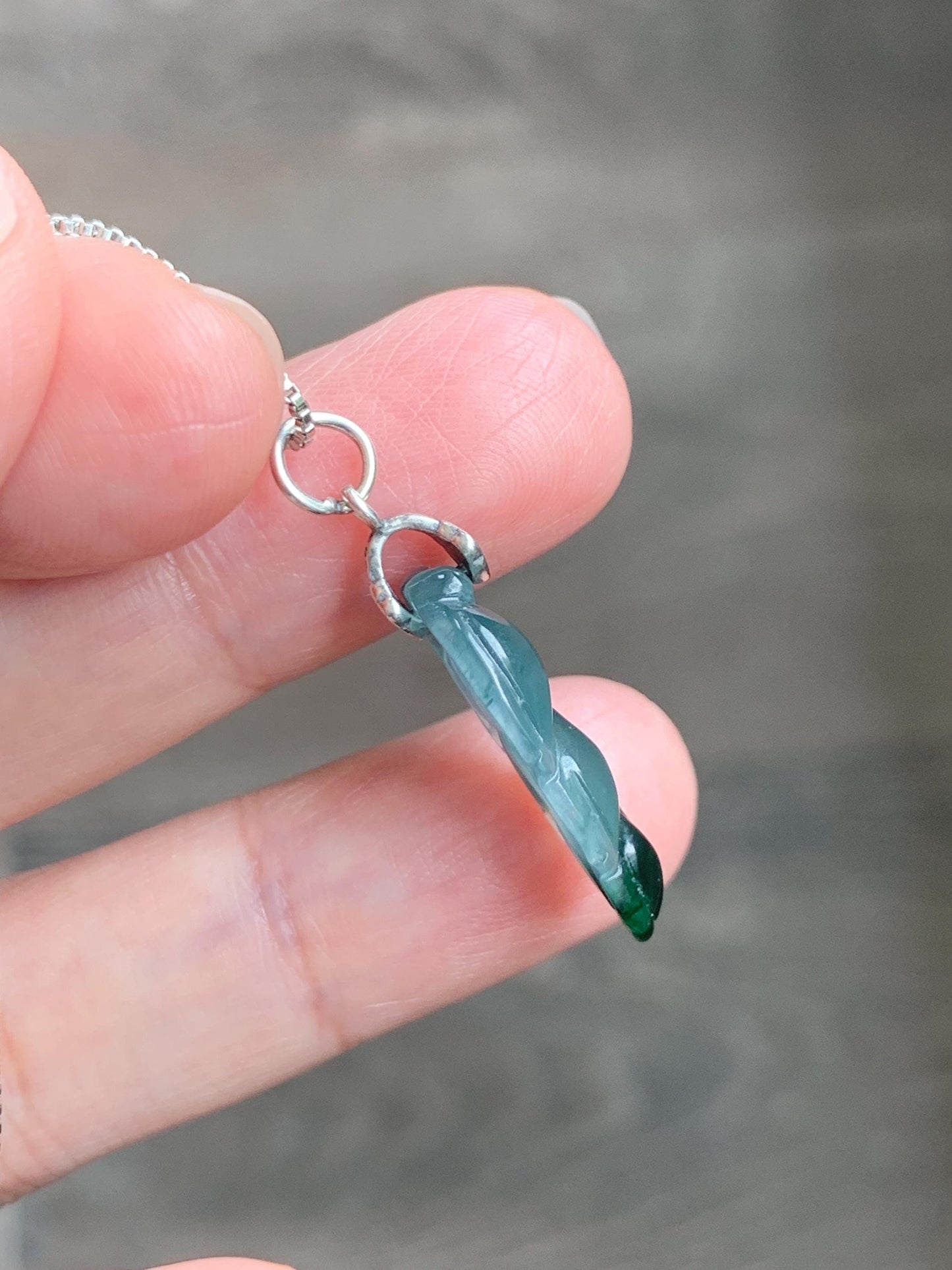 Natural Grade A Guatemalan Icy Translucent Teal Dark Green Marbled Jade Jadeite Carved Leaf Pendant Sterling Silver 天然冰胶危深蓝翡翠大叶有成银镶吊坠 WLD55C