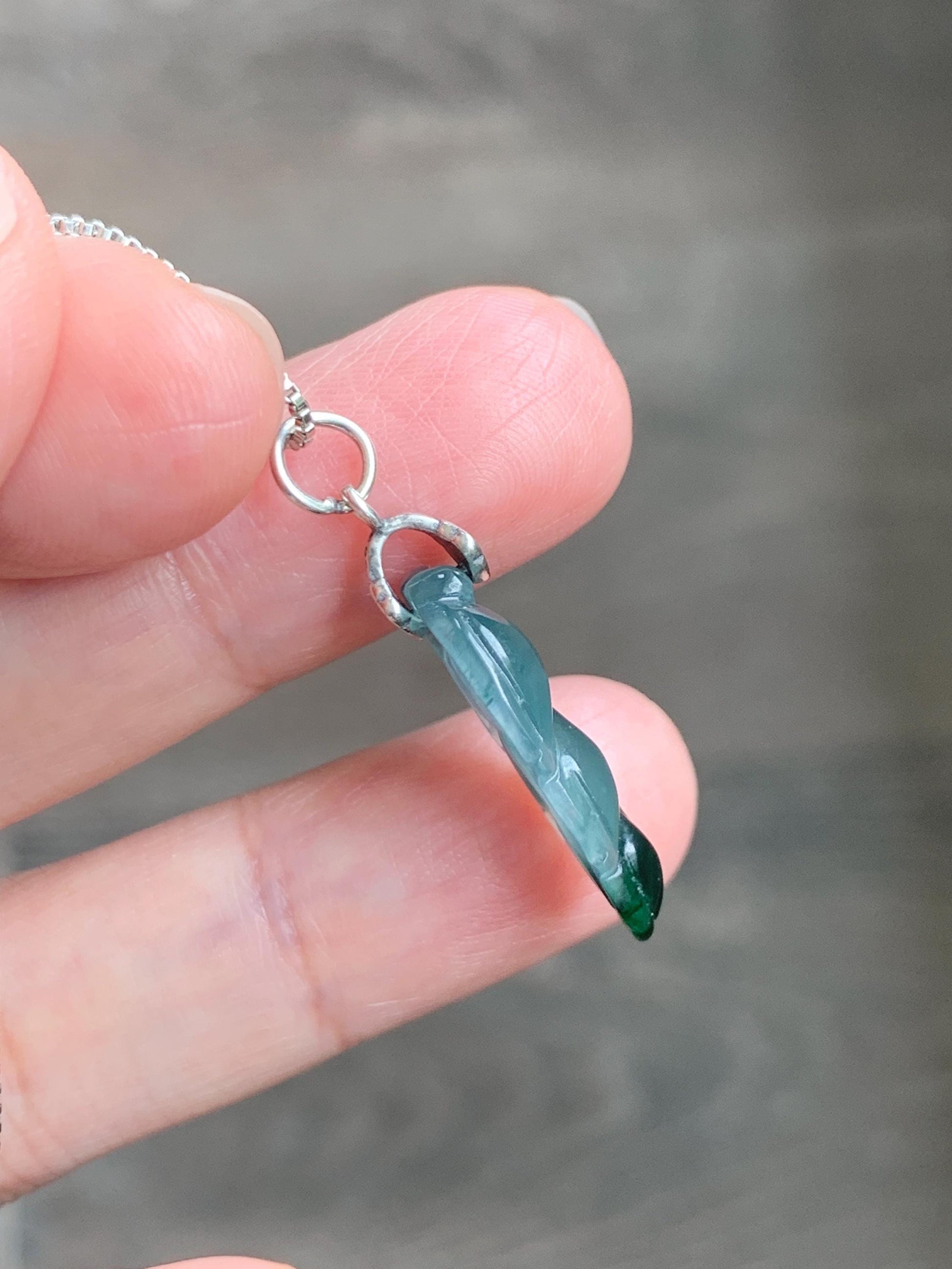 Natural Grade A Guatemalan Icy Translucent Teal Dark Green Marbled Jade Jadeite Carved Leaf Pendant Sterling Silver 天然冰胶危深蓝翡翠大叶有成银镶吊坠 WLD55C
