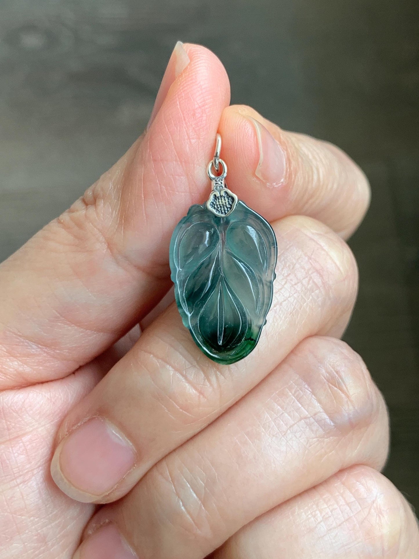 Natural Grade A Guatemalan Icy Translucent Teal Dark Green Marbled Jade Jadeite Carved Leaf Pendant Sterling Silver 天然冰胶危深蓝翡翠大叶有成银镶吊坠 WLD55C