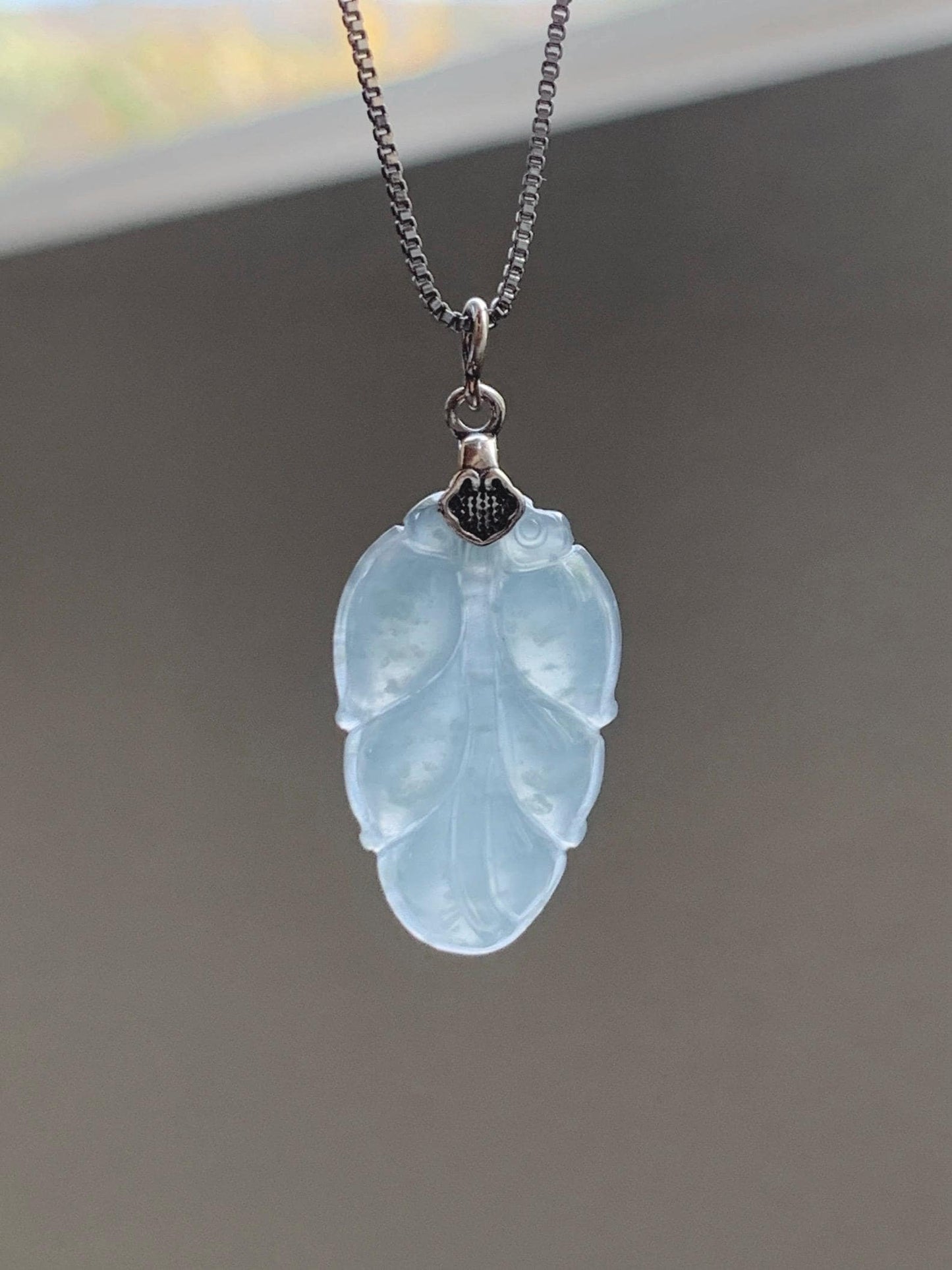 Natural Grade A Guatemalan Icy Translucent Light Dusty Blue Jade Jadeite Carved Leaf Pendant Sterling Silver 天然冰胶危浅蓝翡翠大叶有成银镶吊坠 WLD55D