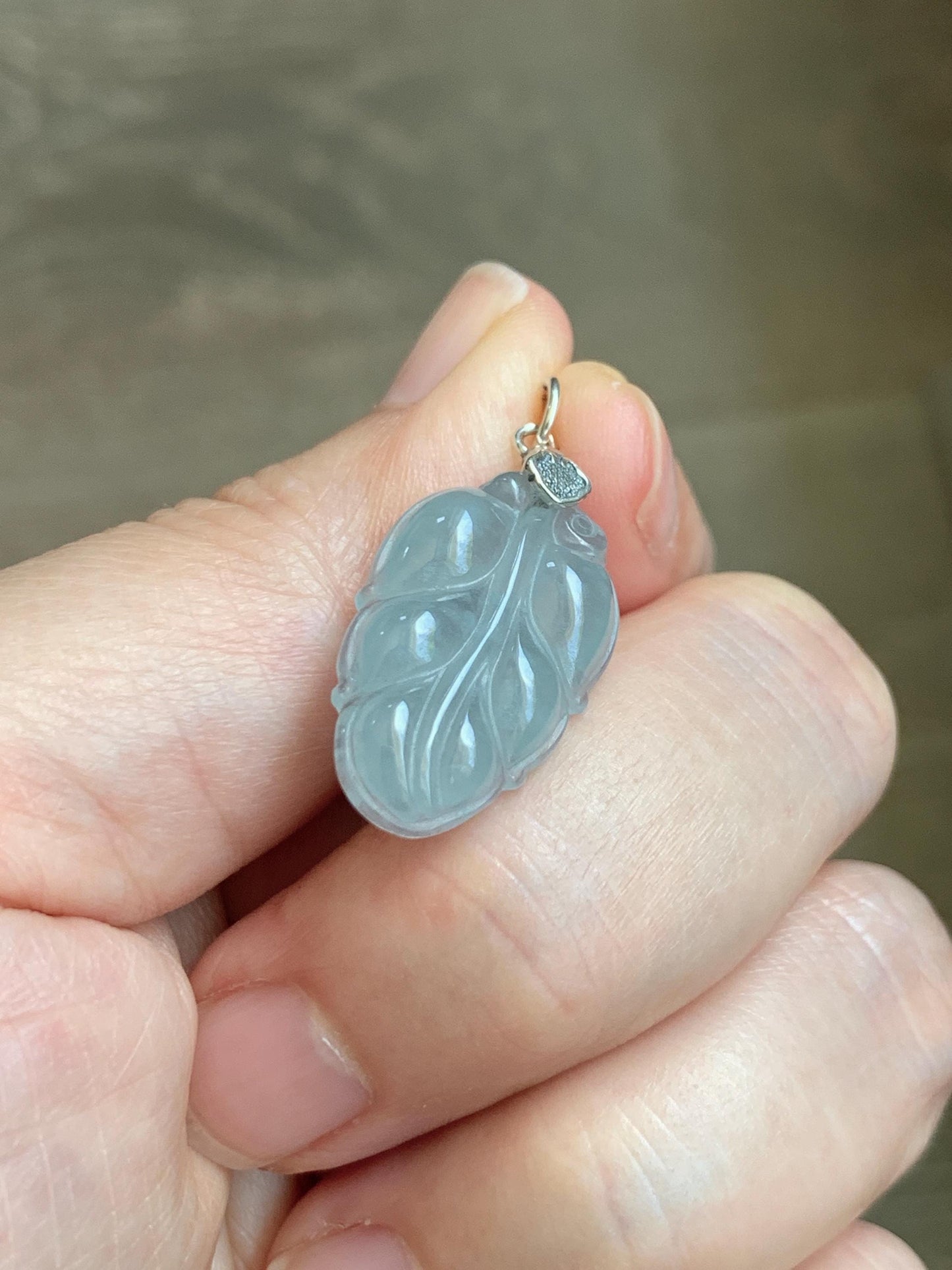 Natural Grade A Guatemalan Icy Translucent Light Dusty Blue Jade Jadeite Carved Leaf Pendant Sterling Silver 天然冰胶危浅蓝翡翠大叶有成银镶吊坠 WLD55D