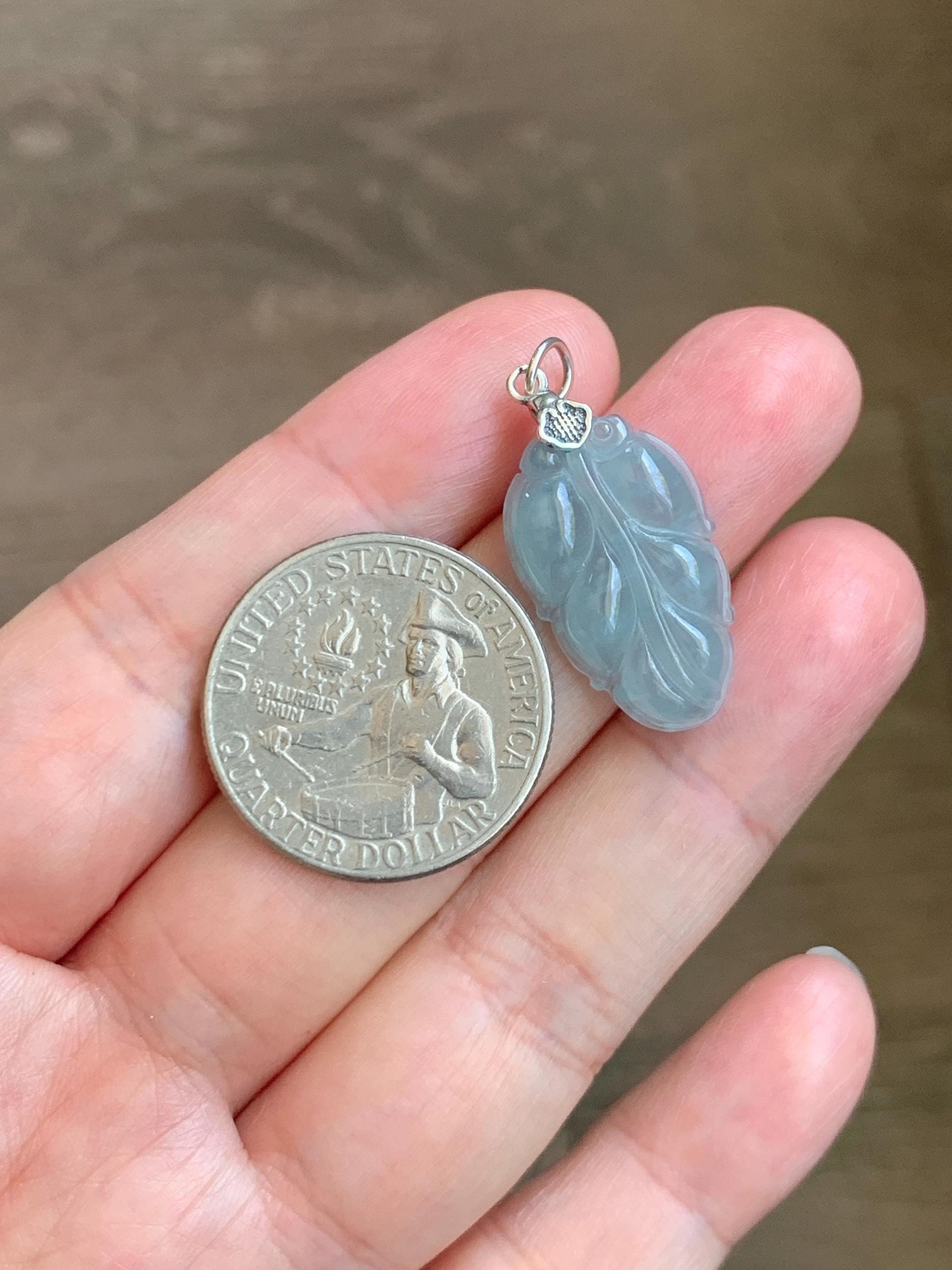 Natural Grade A Guatemalan Icy Translucent Light Dusty Blue Jade Jadeite Carved Leaf Pendant Sterling Silver 天然冰胶危浅蓝翡翠大叶有成银镶吊坠 WLD55D