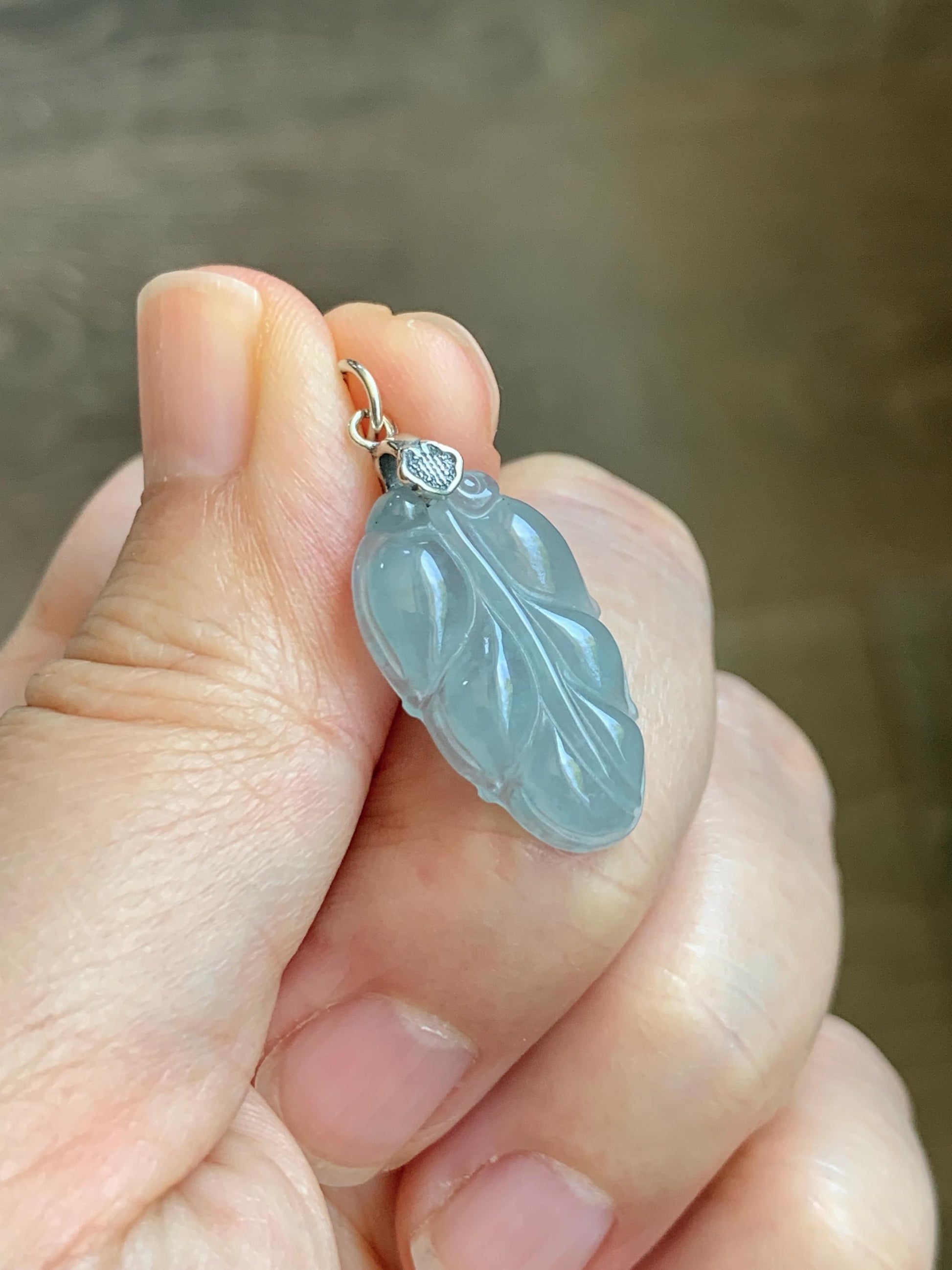 Natural Grade A Guatemalan Icy Translucent Light Dusty Blue Jade Jadeite Carved Leaf Pendant Sterling Silver 天然冰胶危浅蓝翡翠大叶有成银镶吊坠 WLD55D