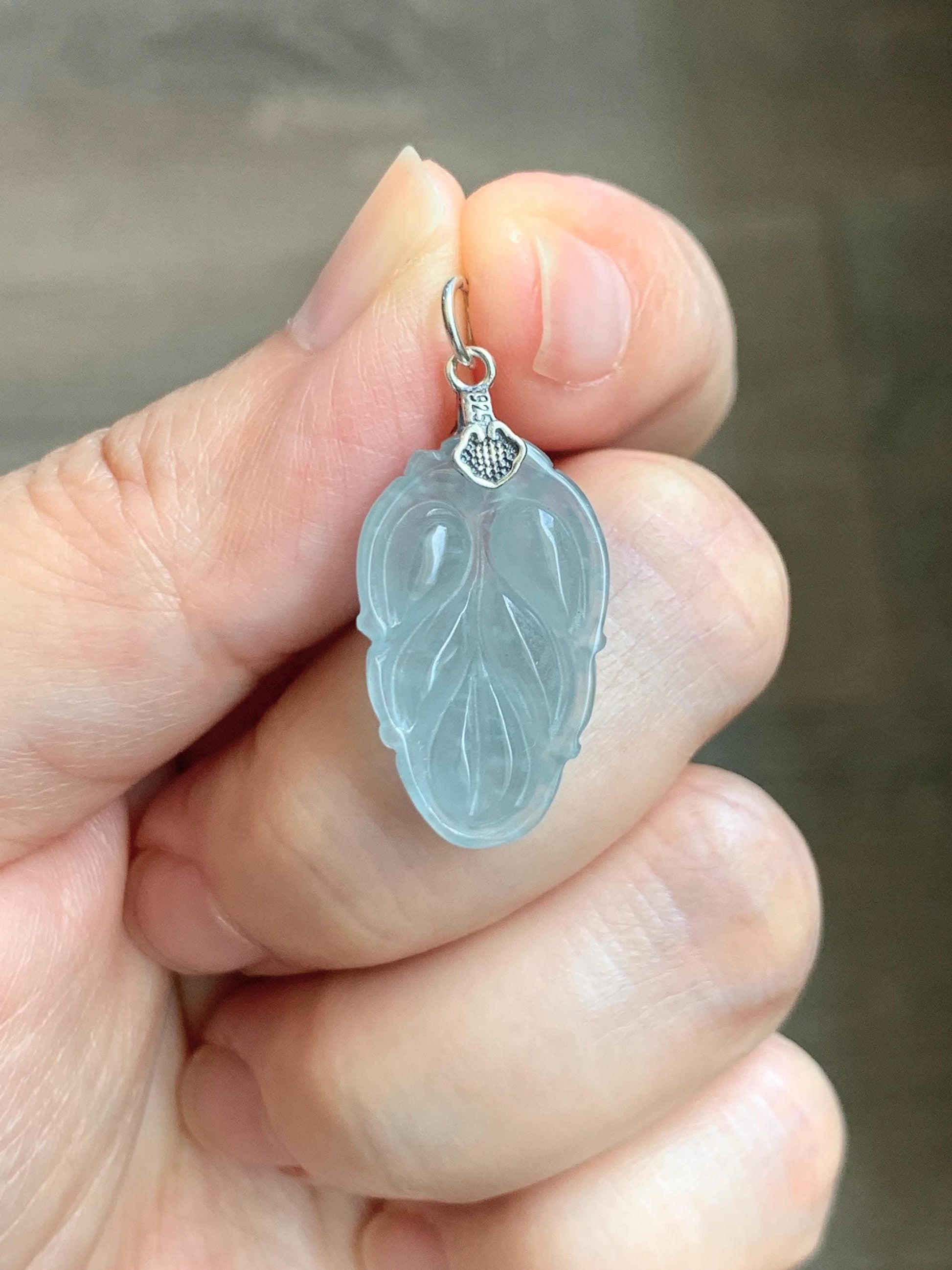 Natural Grade A Guatemalan Icy Translucent Light Dusty Blue Jade Jadeite Carved Leaf Pendant Sterling Silver 天然冰胶危浅蓝翡翠大叶有成银镶吊坠 WLD55D