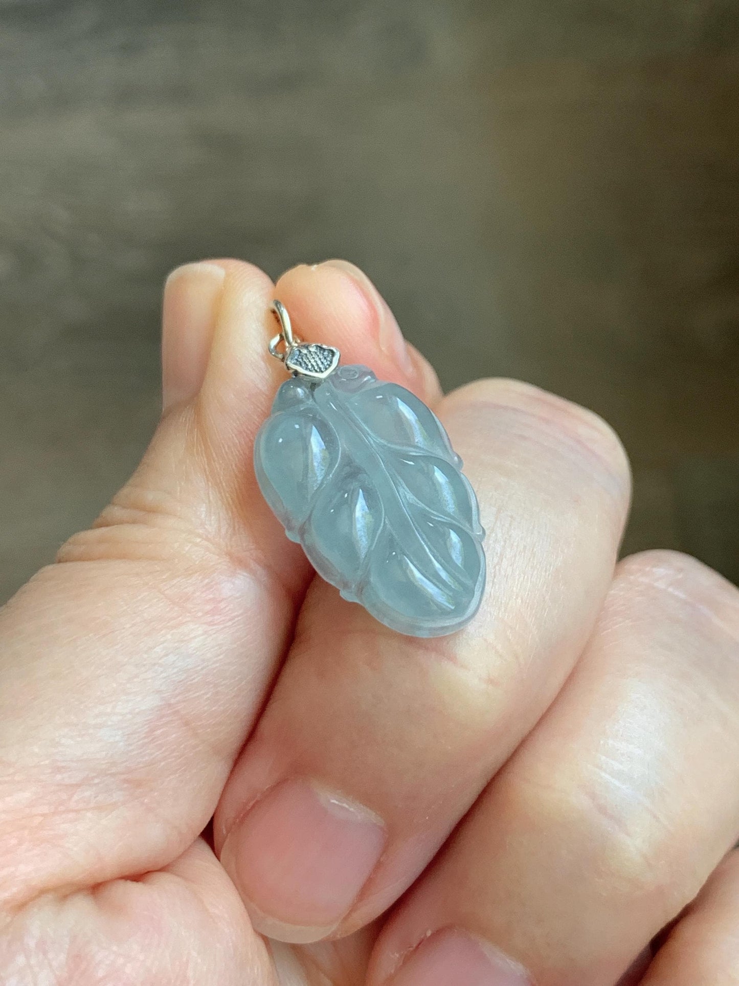 Natural Grade A Guatemalan Icy Translucent Light Dusty Blue Jade Jadeite Carved Leaf Pendant Sterling Silver 天然冰胶危浅蓝翡翠大叶有成银镶吊坠 WLD55D