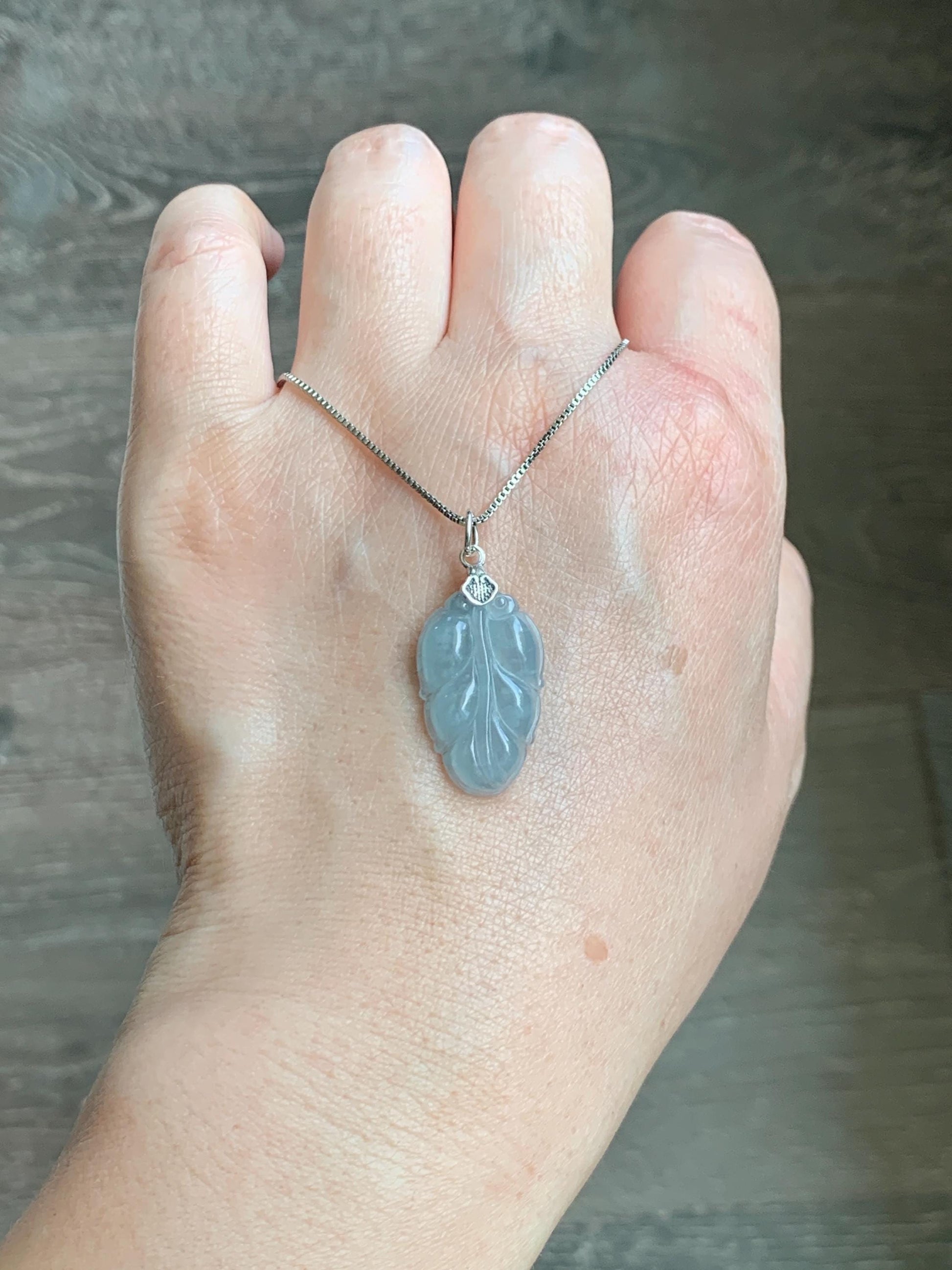 Natural Grade A Guatemalan Icy Translucent Light Dusty Blue Jade Jadeite Carved Leaf Pendant Sterling Silver 天然冰胶危浅蓝翡翠大叶有成银镶吊坠 WLD55D