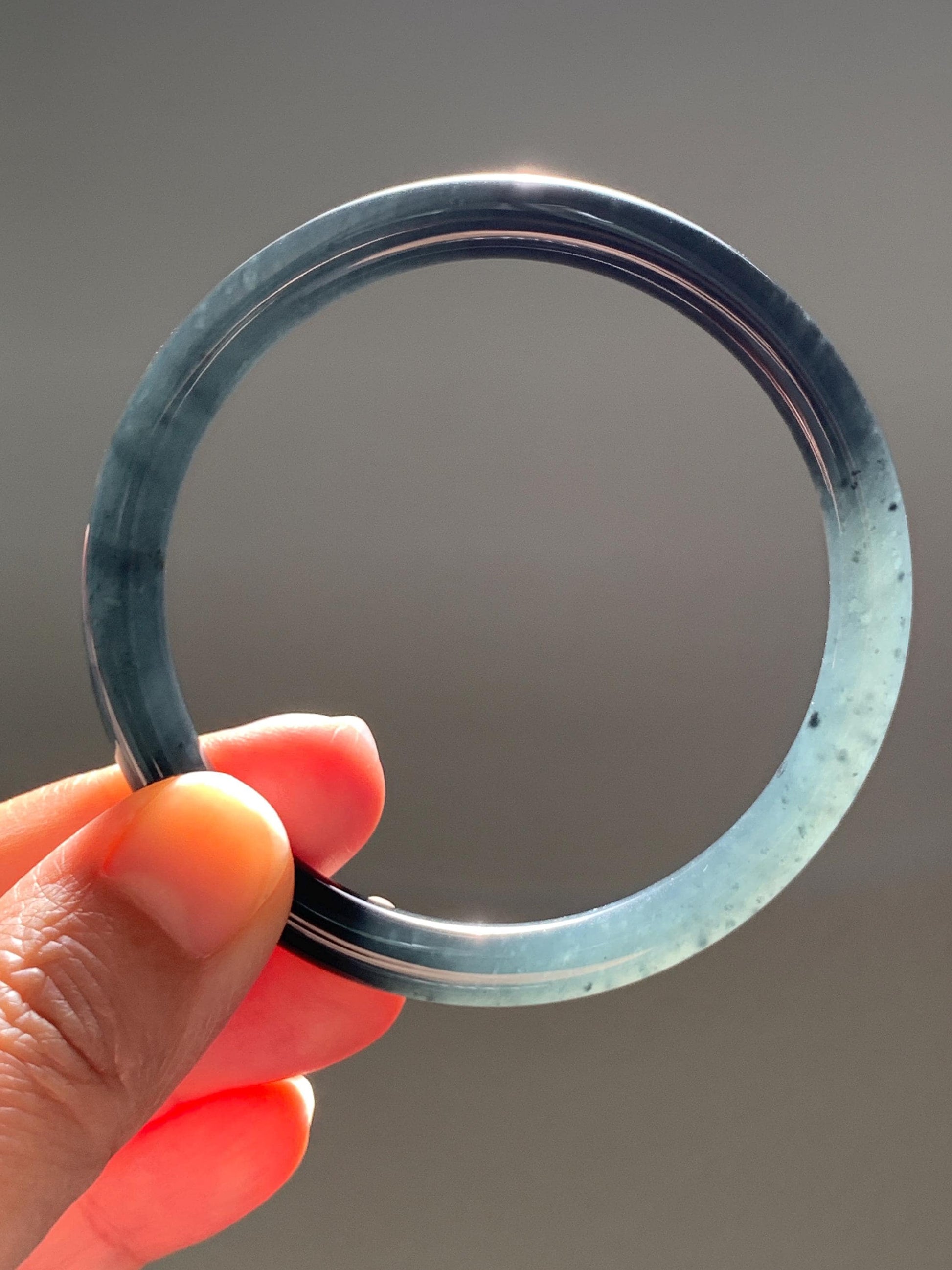 Certified Natural Grade A Guatemalan Icy Translucent Dark Grayish Black Wuji Jade Jadeite Bangle Bracelet 57.4mm 7” 26g 天然冰危深灰乌鸡圆条翡翠手镯 1195
