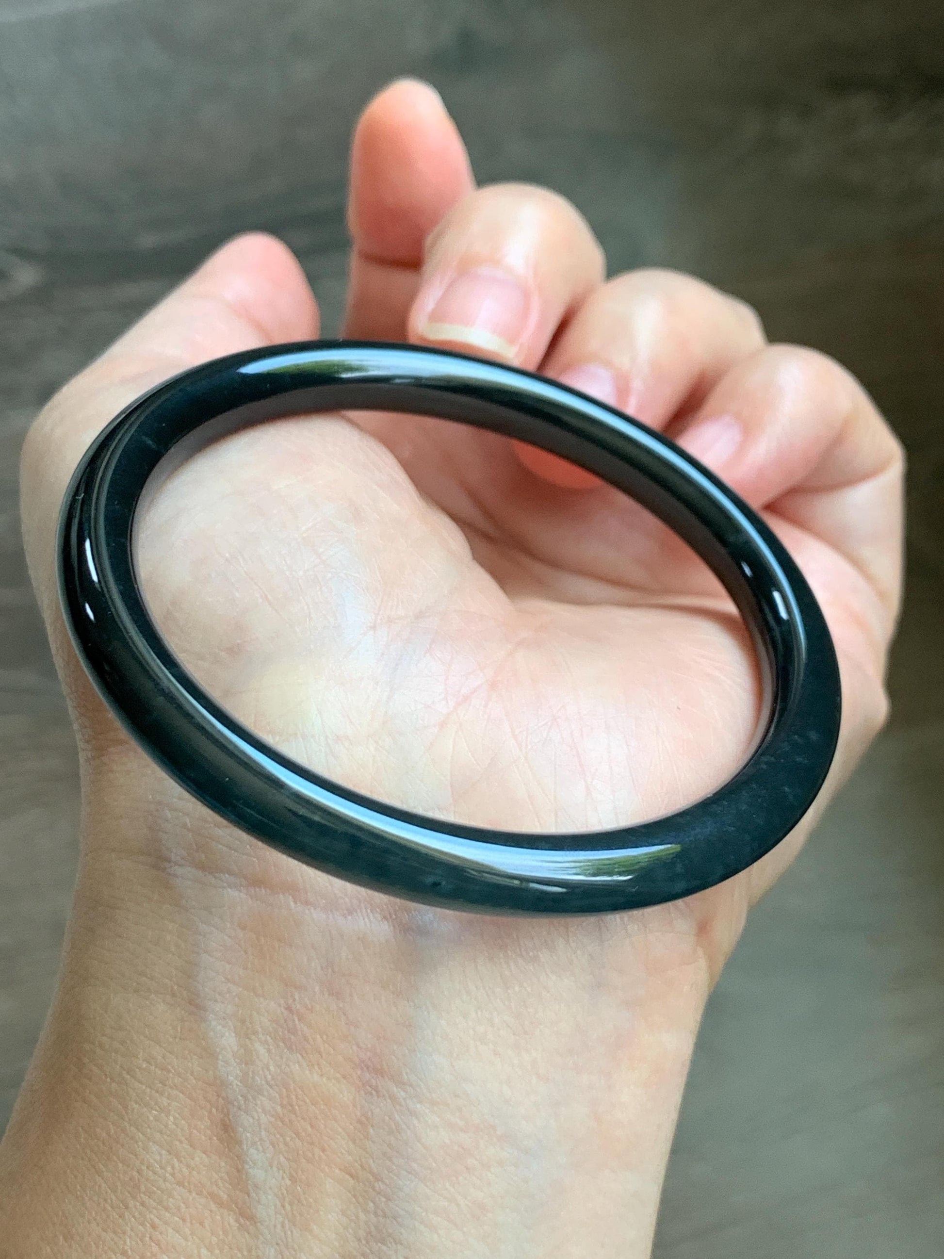 Certified Natural Grade A Guatemalan Icy Translucent Dark Grayish Black Wuji Jade Jadeite Bangle Bracelet 57.4mm 7” 26g 天然冰危深灰乌鸡圆条翡翠手镯 1195