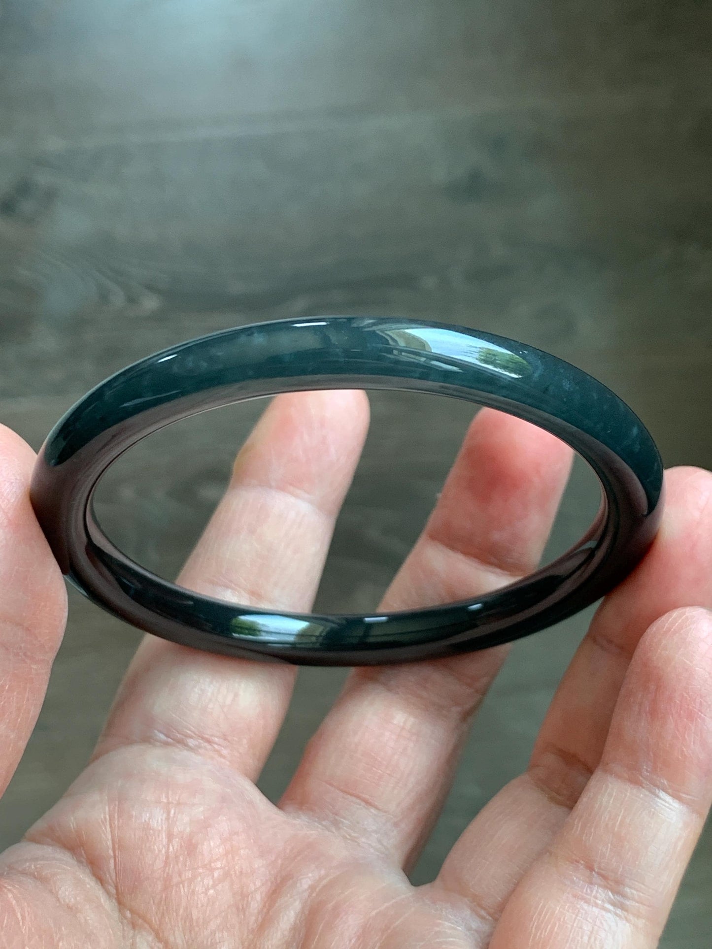Certified Natural Grade A Guatemalan Icy Translucent Dark Grayish Black Wuji Jade Jadeite Bangle Bracelet 57.4mm 7” 26g 天然冰危深灰乌鸡圆条翡翠手镯 1195