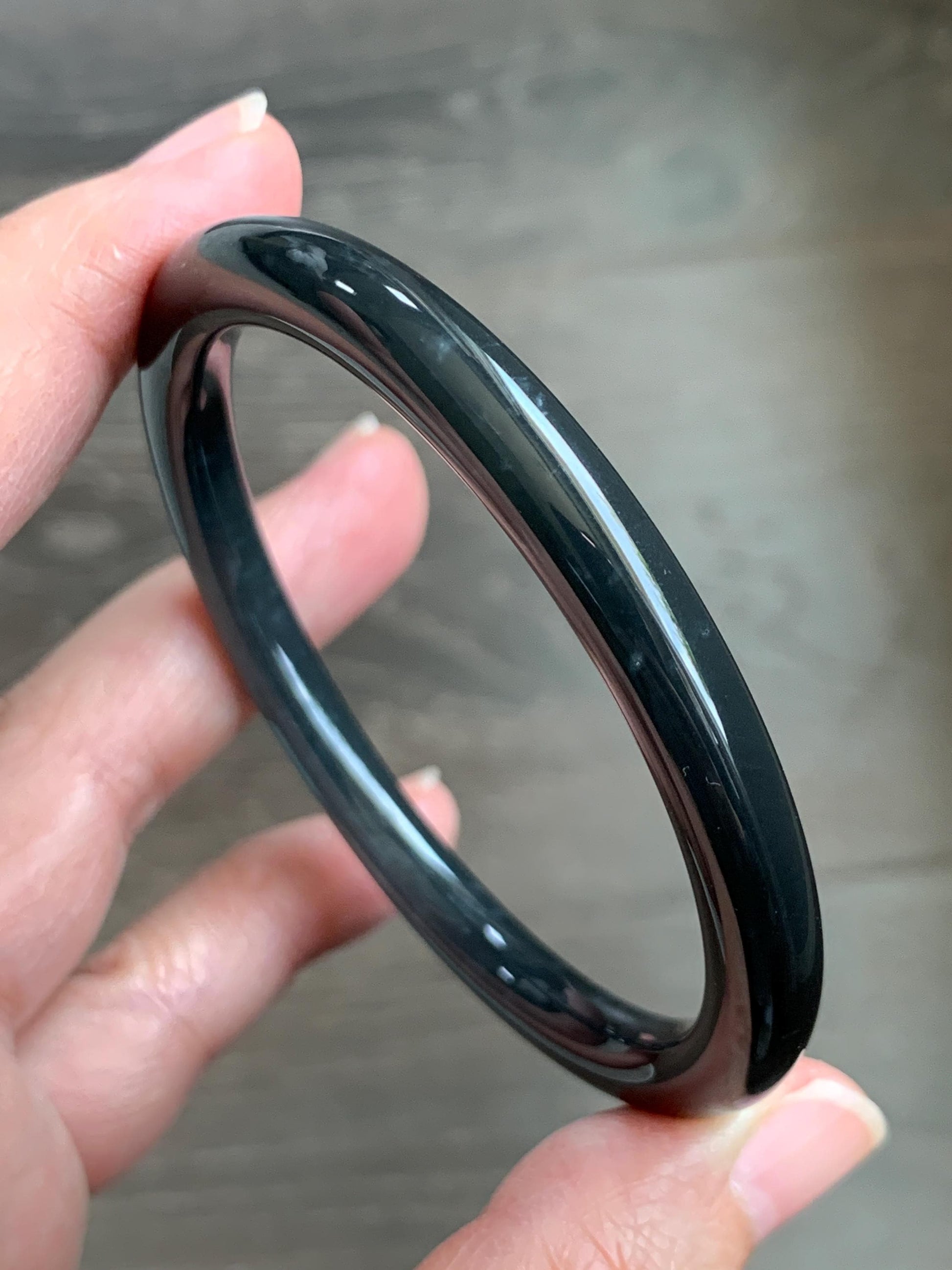 Certified Natural Grade A Guatemalan Icy Translucent Dark Grayish Black Wuji Jade Jadeite Bangle Bracelet 57.4mm 7” 26g 天然冰危深灰乌鸡圆条翡翠手镯 1195