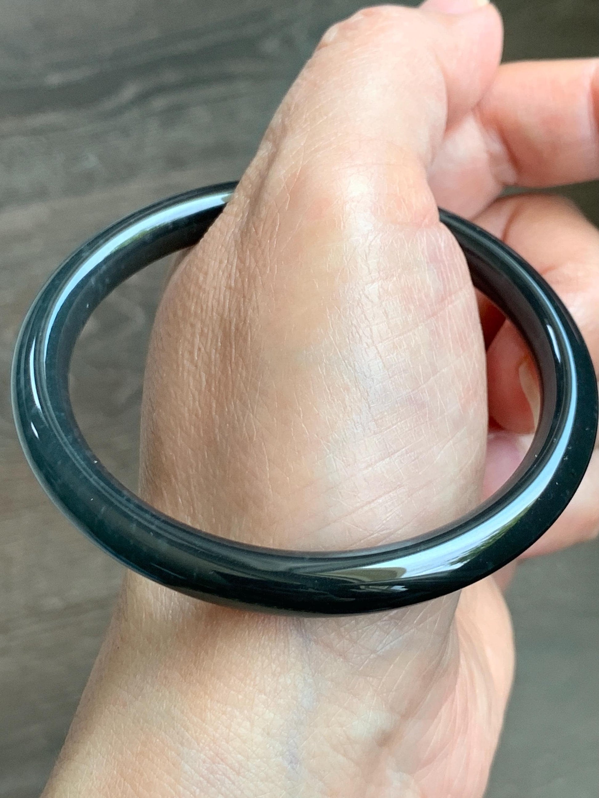 Certified Natural Grade A Guatemalan Icy Translucent Dark Grayish Black Wuji Jade Jadeite Bangle Bracelet 57.4mm 7” 26g 天然冰危深灰乌鸡圆条翡翠手镯 1195