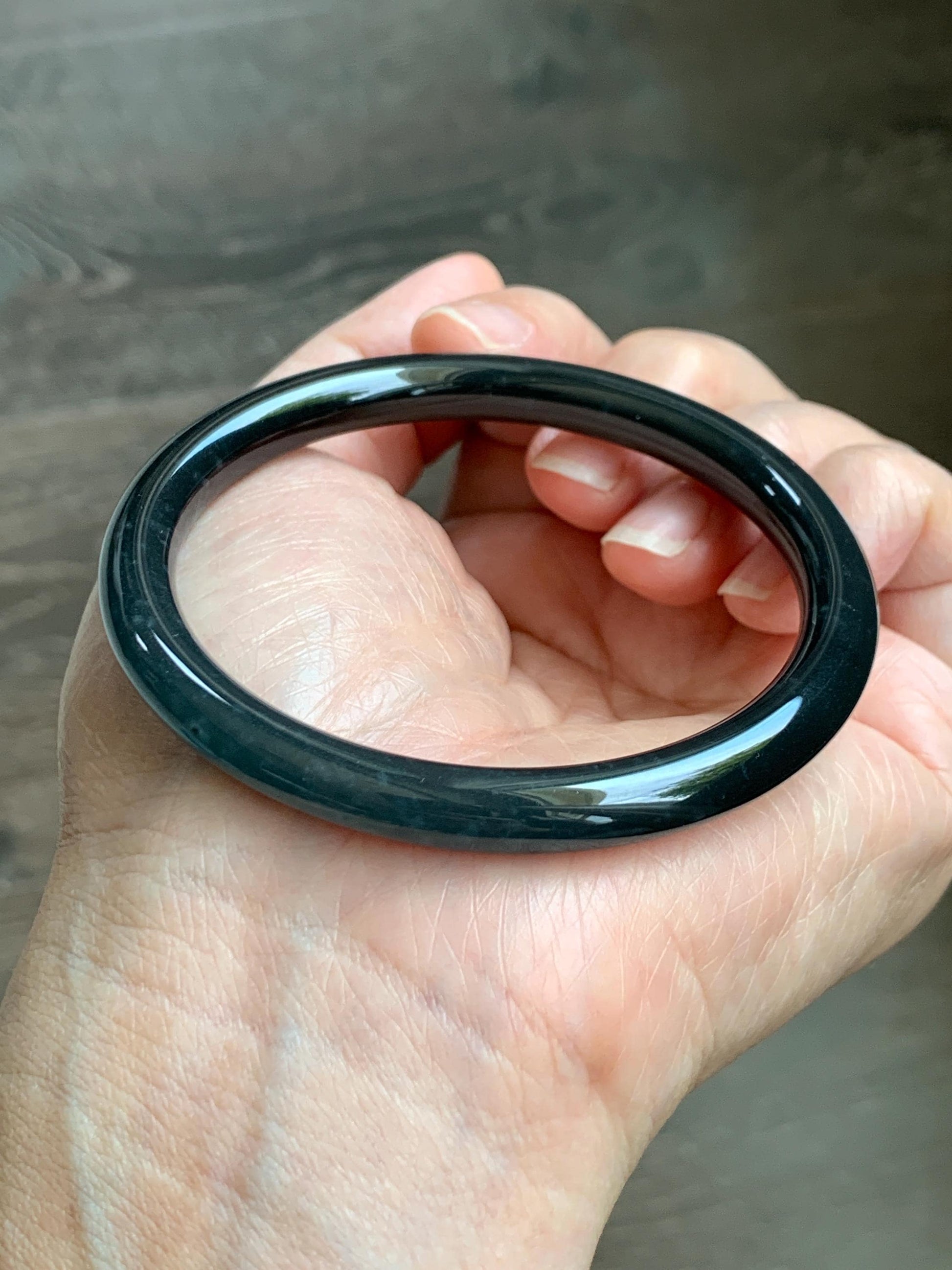 Certified Natural Grade A Guatemalan Icy Translucent Dark Grayish Black Wuji Jade Jadeite Bangle Bracelet 57.4mm 7” 26g 天然冰危深灰乌鸡圆条翡翠手镯 1195