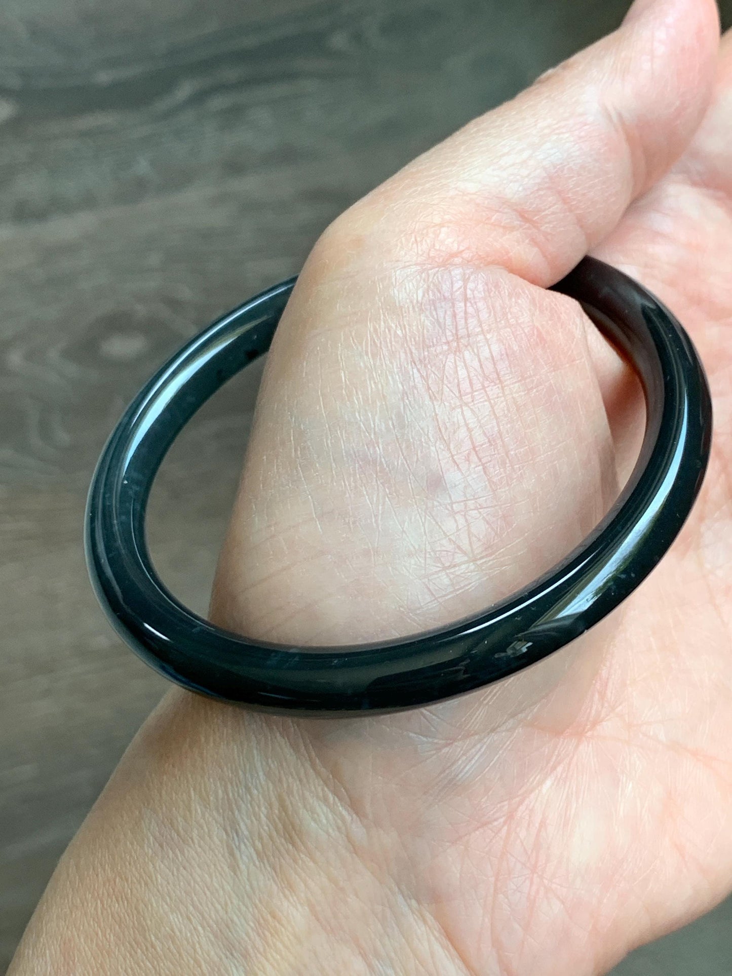 Certified Natural Grade A Guatemalan Icy Translucent Dark Grayish Black Wuji Jade Jadeite Bangle Bracelet 57.4mm 7” 26g 天然冰危深灰乌鸡圆条翡翠手镯 1195