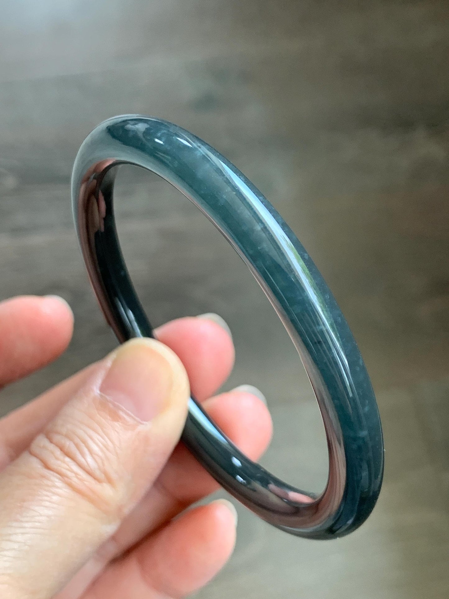 Certified Natural Grade A Guatemalan Icy Translucent Dark Grayish Black Wuji Jade Jadeite Bangle Bracelet 57.4mm 7” 26g 天然冰危深灰乌鸡圆条翡翠手镯 1195
