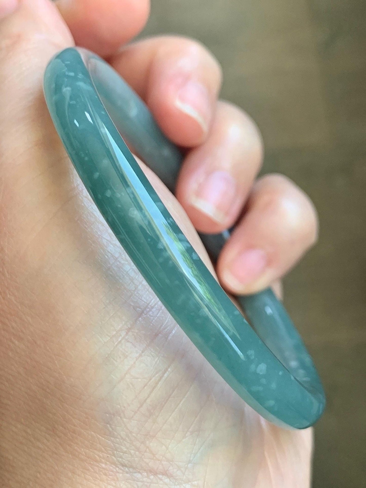 Certified Natural Grade A Guatemalan Icy Translucent Dusty Teal Jade Jadeite Bangle 62.89mm 7.77” 32g 天然冰危蓝绿翡翠圆条手镯 1174
