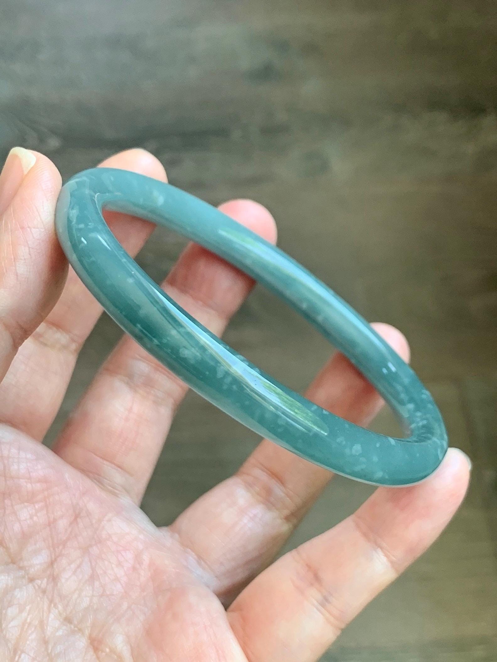 Certified Natural Grade A Guatemalan Icy Translucent Dusty Teal Jade Jadeite Bangle 62.89mm 7.77” 32g 天然冰危蓝绿翡翠圆条手镯 1174