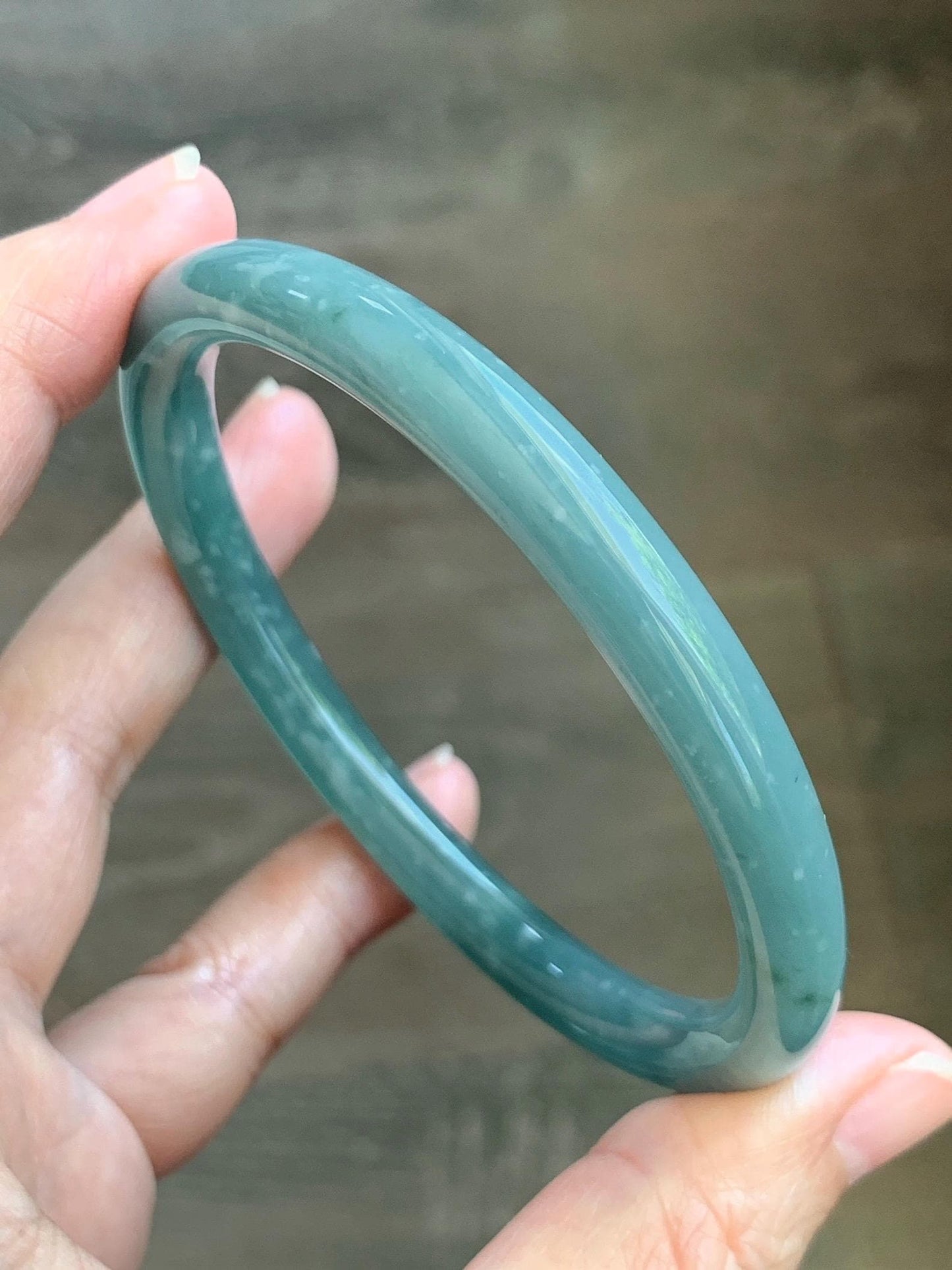 Certified Natural Grade A Guatemalan Icy Translucent Dusty Teal Jade Jadeite Bangle 62.89mm 7.77” 32g 天然冰危蓝绿翡翠圆条手镯 1174