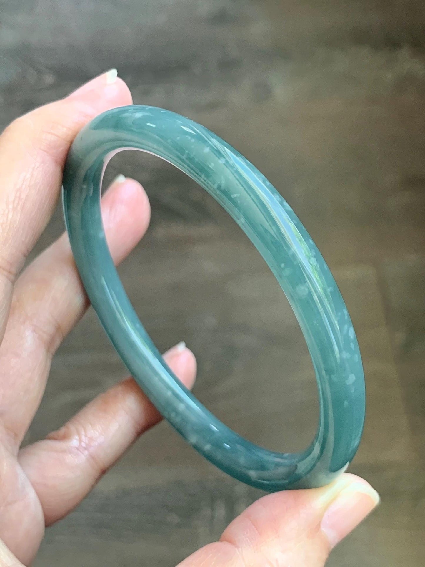 Certified Natural Grade A Guatemalan Icy Translucent Dusty Teal Jade Jadeite Bangle 62.89mm 7.77” 32g 天然冰危蓝绿翡翠圆条手镯 1174